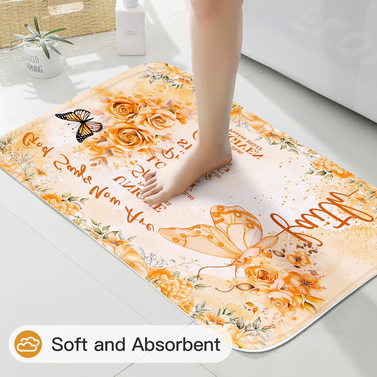 Litabel 4 Pcs Orange Butterfly Inspirational Quotes Shower Curtain Set With Rugs And Toilet Lid Cover, Colorful Boho Waterproof
