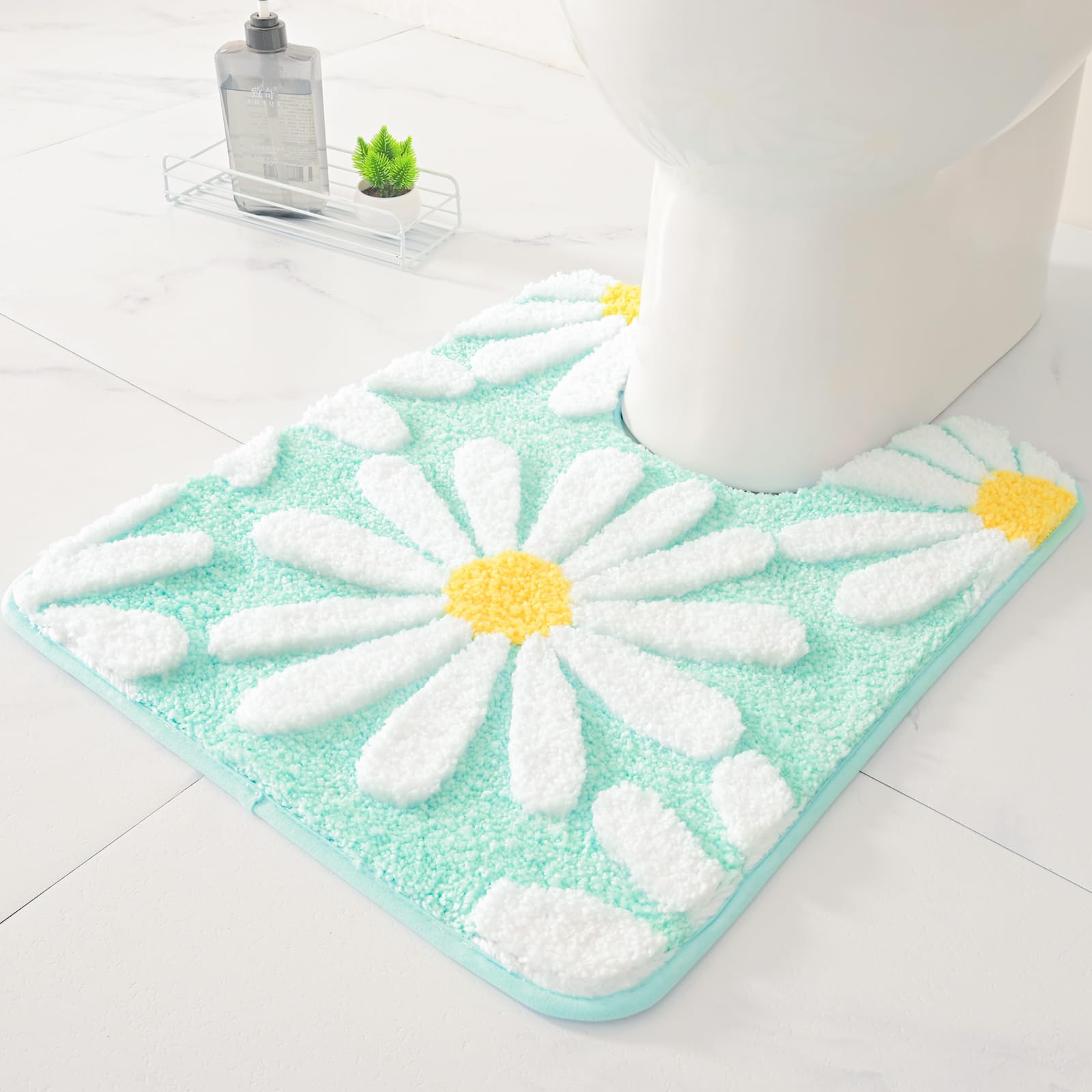 Qjhomo Toilet Rugs U Shaped, Green Toilet Mat Cute Daisy Contour Bath Rug 20''X24'', Extra Thick Soft Machine Washable Toilet Ca