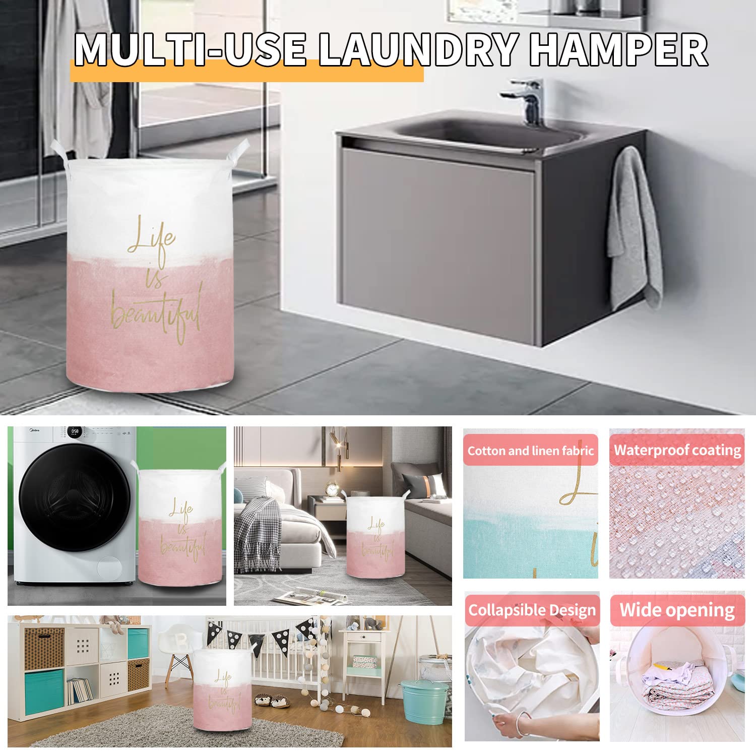 Aouker Merdes 19.7?? Waterproof Foldable Laundry Hamper  Dirty Clothes Laundry Basket  Linen Bin Storage Organizer for Toy Collection(Life Pink)