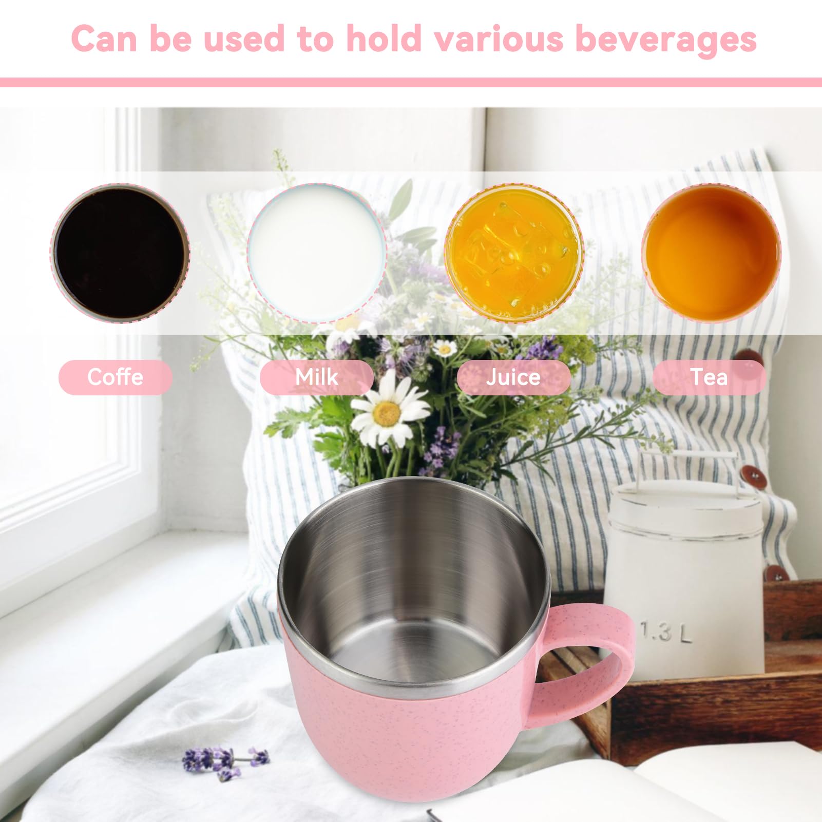 Agatige 220Ml Pink Coffee Cup, Stainless Steel Insulated Pot Coffee Mug With Handle For Water Coffee Juice Milk, Home, School, O