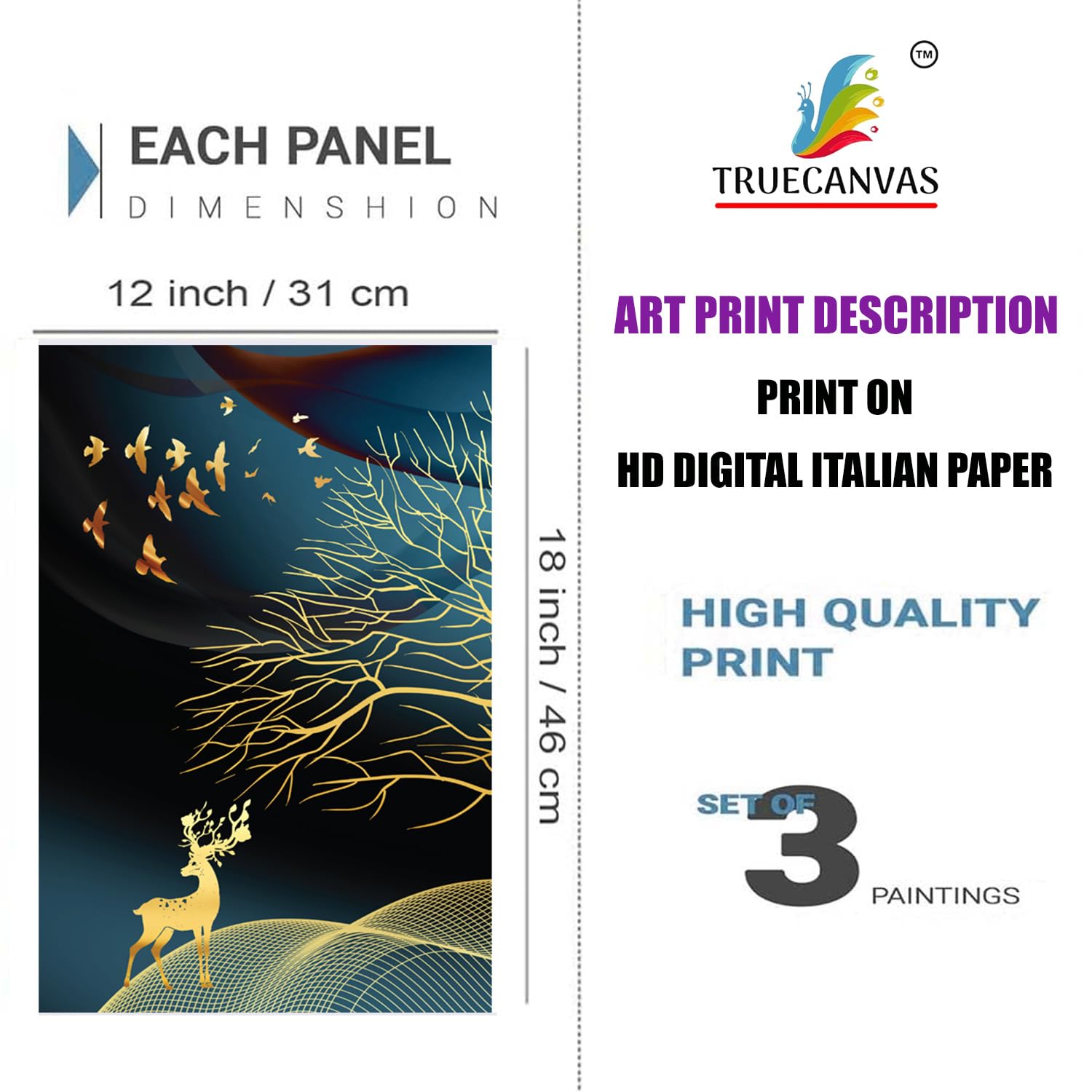 Truecanvas Abstract Painting Set Of 3 Wall Hanging Hd Print Poster Framed For Home, Living Room Gallery & Office, Black, Size -