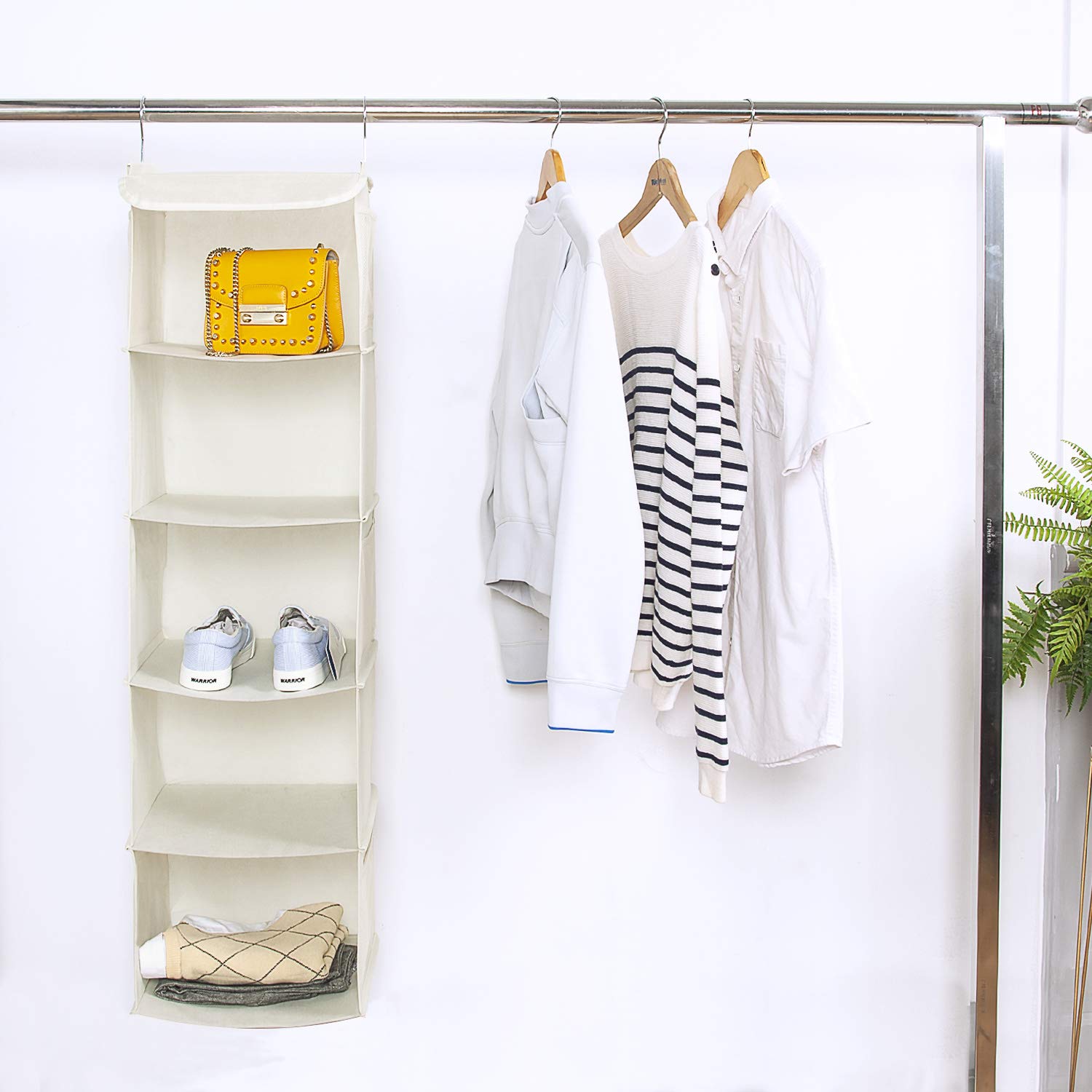 BrilliantJo 5 Shelves Hanging Closet Organizer  2 Pack Hanging Storage with 6 Side Pockets for Clothes Shoes  42.5''x11.8''x11.8''(Beige)