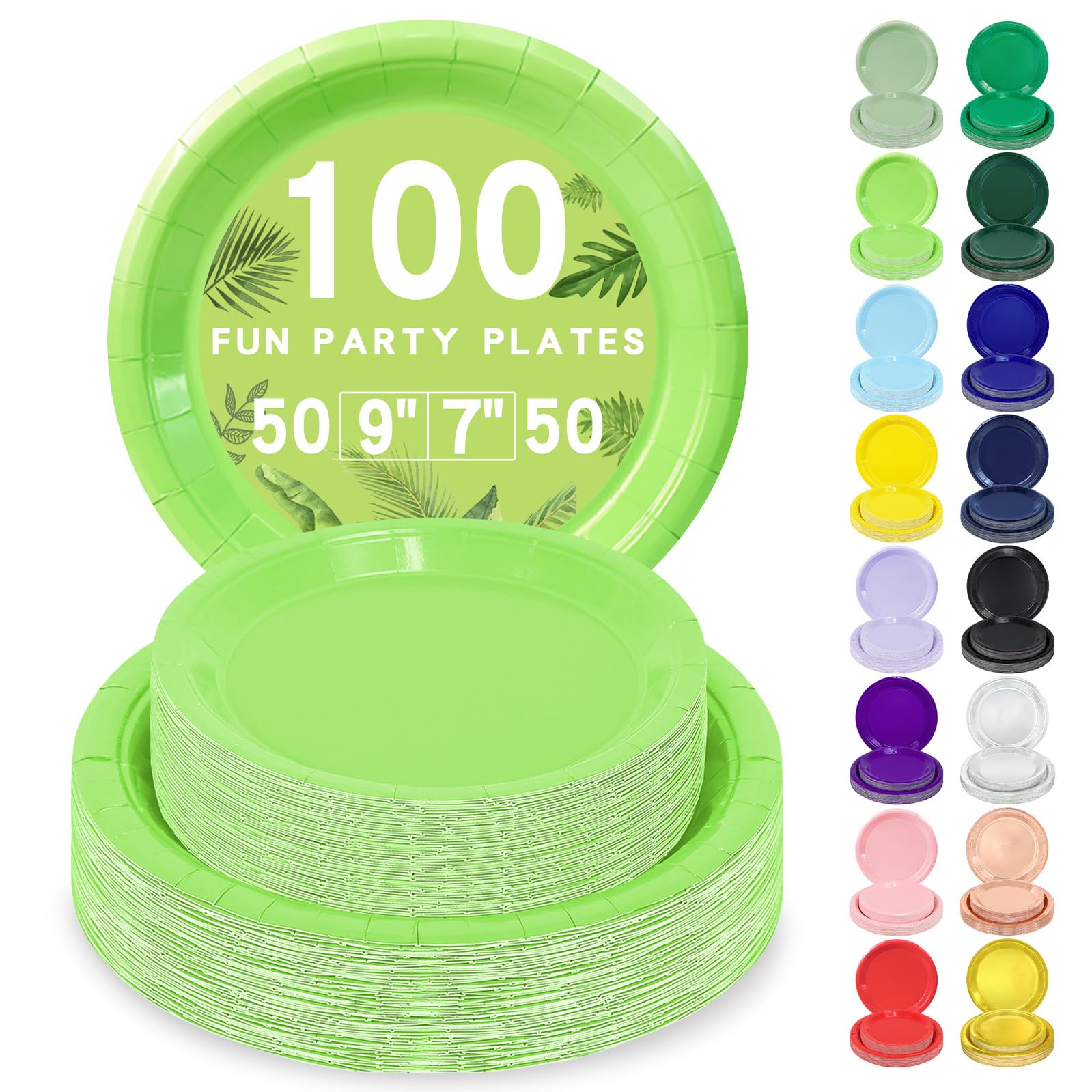 LANLISA 100 Lime Green Paper Plates Set Includes 50-9 & 50-7 Disposable Dessert Cake Paper Plates For Party Supplies