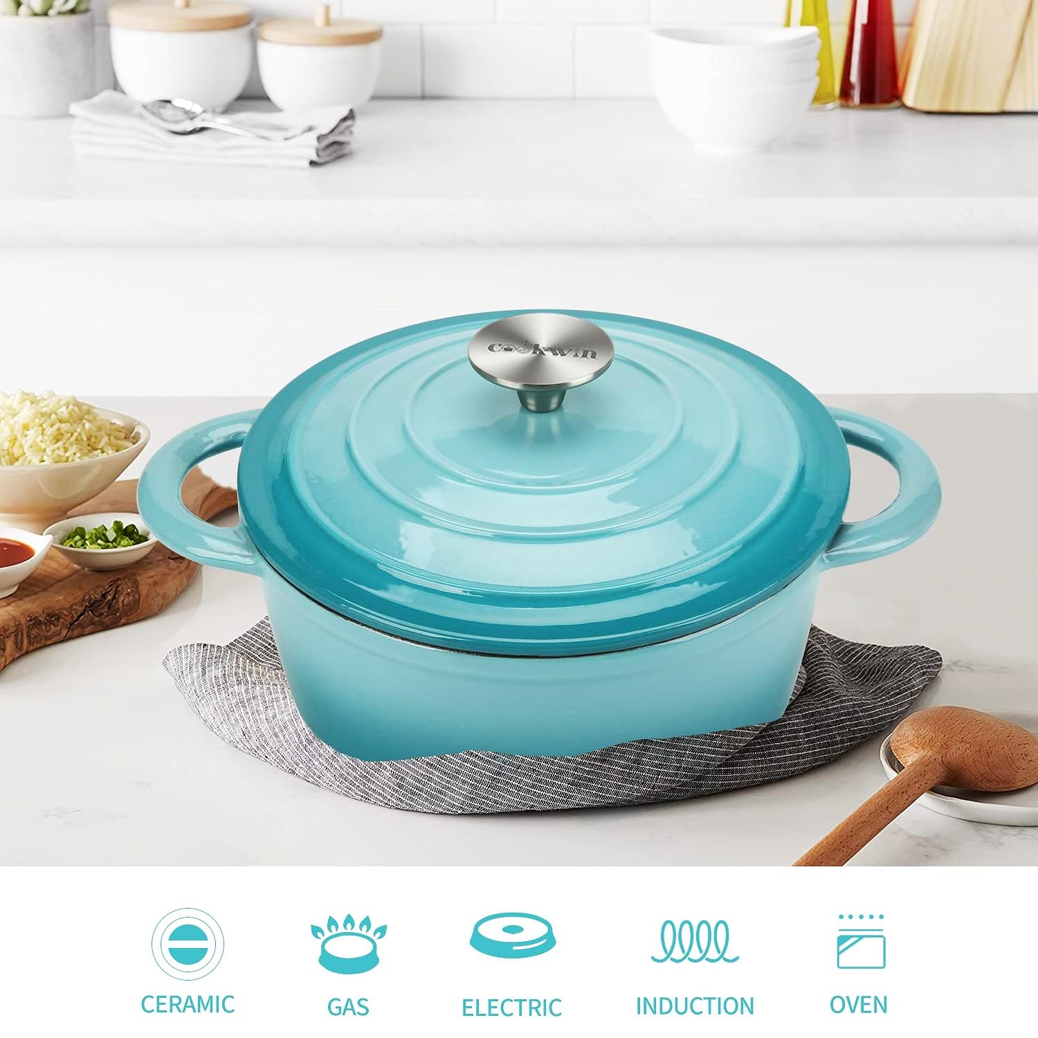 Cookwin Enameled Cast Iron Dutch Oven, 5 Qt Bread Baking Pot With Self Basting Lid, Non-Stick Enamel Coated Cookware Pot, Great