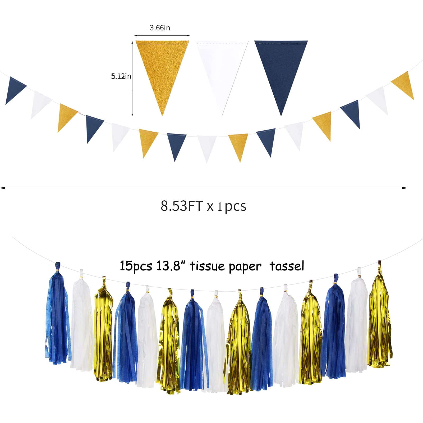 Navy-blue Gold Men-boys Birthday Decorations - 27pcs Party Kits Happy Birthday Banner Flags 40th 50th Birthday Decor Tissue Paper Pom Poms Tassel Streamers Garland Party supplies Lasting Surprise