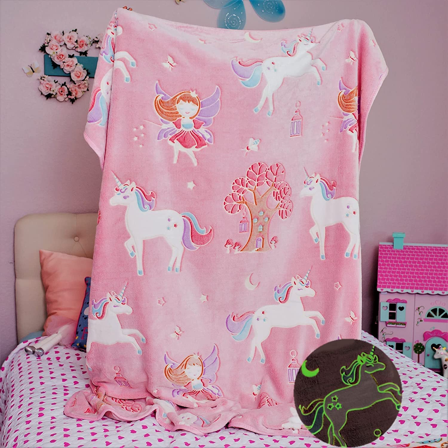 Happy Hues Glow In The Dark Blanket KidsTeens Boys & Girls Travel Lightweight Throw Blankets Soft & Fluffy (Fairy Unicorn)