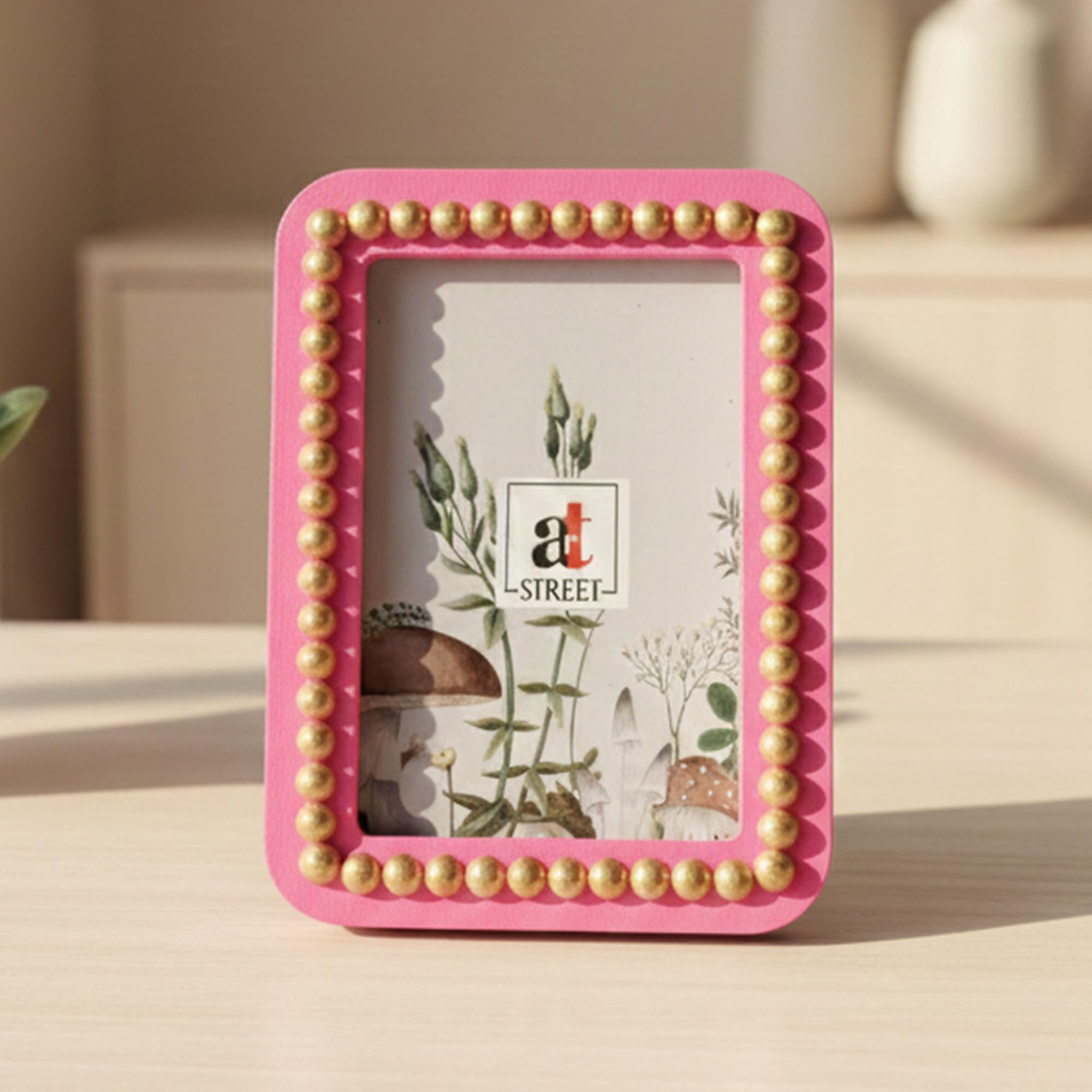 Art Street 4X6 Inch Pink Beaded Table Photo Frame, Gold Accent Mdf Table Top Frames With Tactile Bobbin Design, Vintage Style Ho