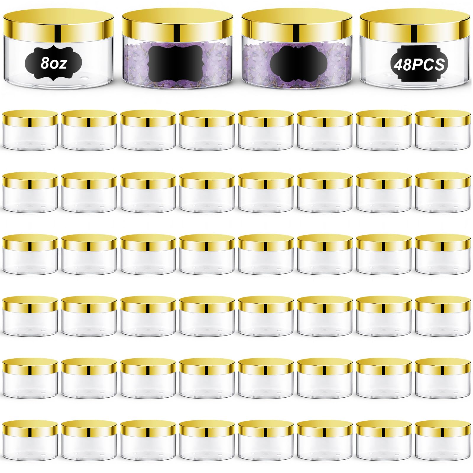 48 Pack 8 oz Clear Plastic Jars with Leakproof Lids & 48 Waterproof Labels