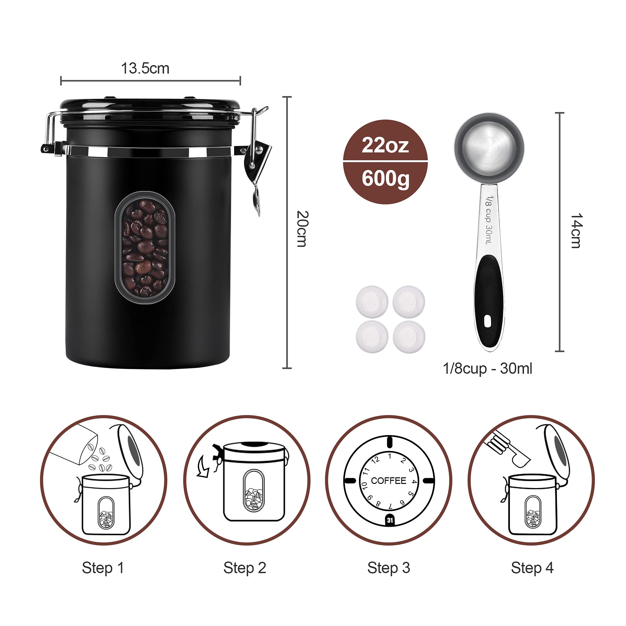 1800Ml Airtight Coffee Canister With Date Tracker&Transparent Window, 22.8Oz Coffee Container With 30Ml Measure Spoon&4 Co2 Valv
