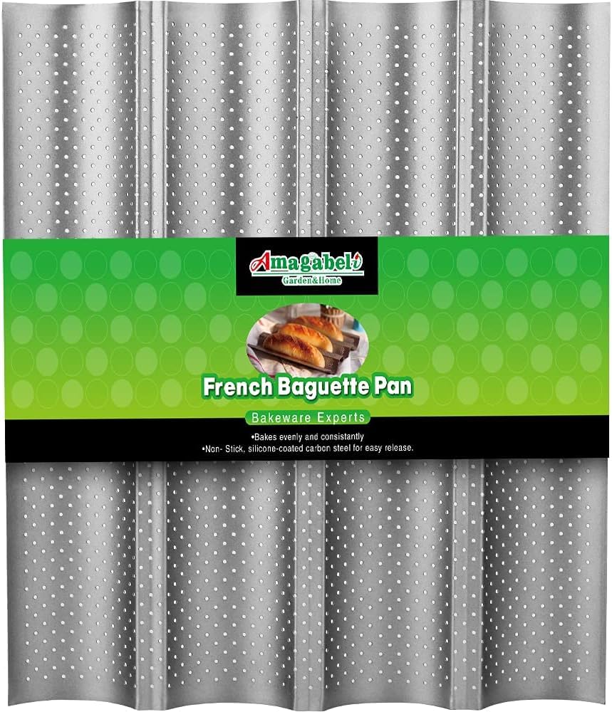 AMAGABELI Baguette Bread Pan 15"x13" Nonstick Perforated Tray for 4 Loaves, Silver - French Bread Baking Mold, FGKM001