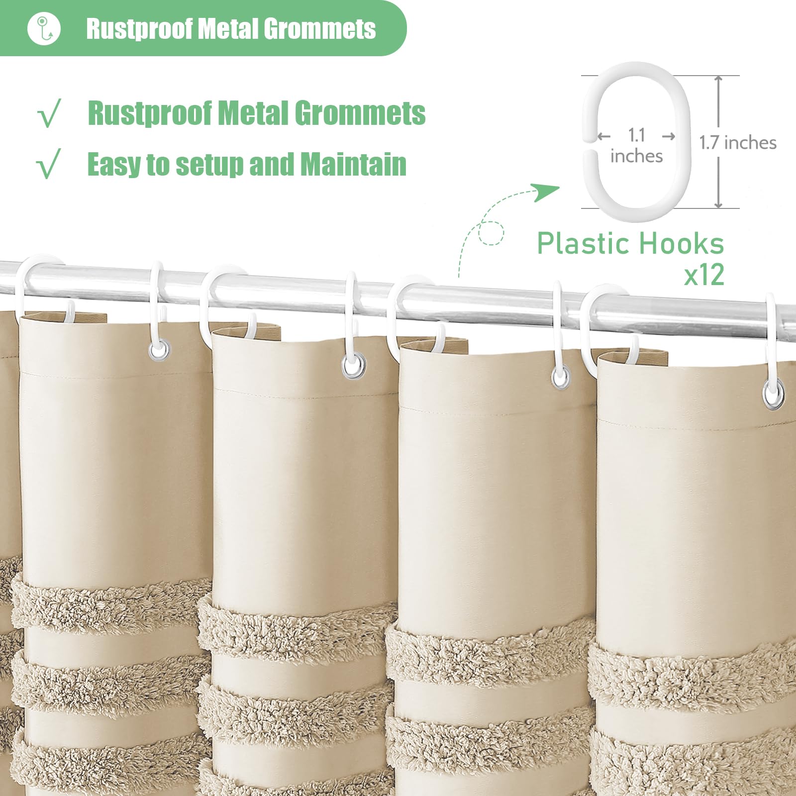 Dynamene Beige Fabric Shower Curtain, Tufted Chenille Striped Textured Cloth Shower Curtain For Bathroom, Modern Farmhouse Shabb