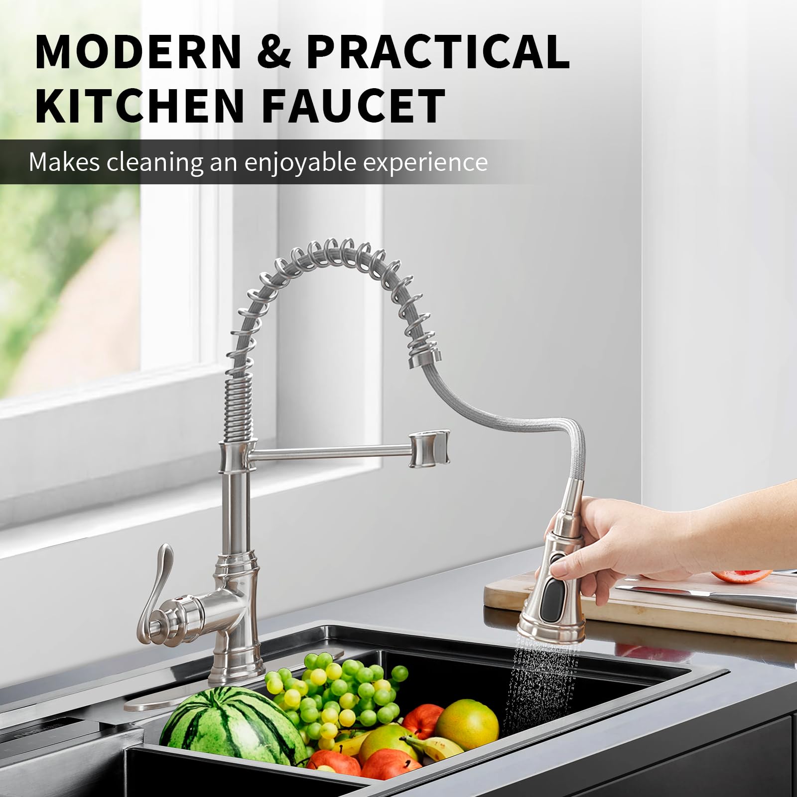 BWE Kitchen Sink Faucet Brushed Nickel with Deck Plate Single Handle Lever with Pull Down Sprayer Spring Kitchen Faucet 3 Function High Arc Lead-Free Farmhouse Commercial Bar Kitchen Faucets