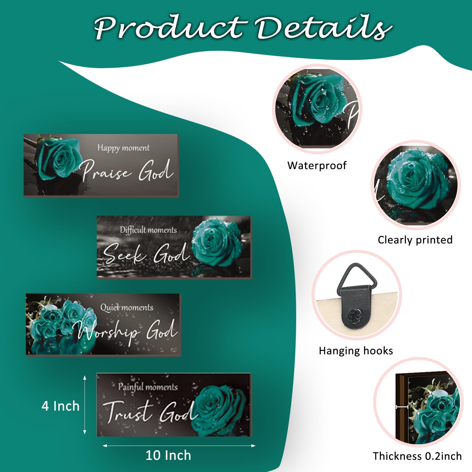ONIZHITY 4 Pcs Teal Bathroom Decor Religious Wall Art Turquoise Bathroom Bible Verse Inspirational Teal Rose Wall Decor Wooden C
