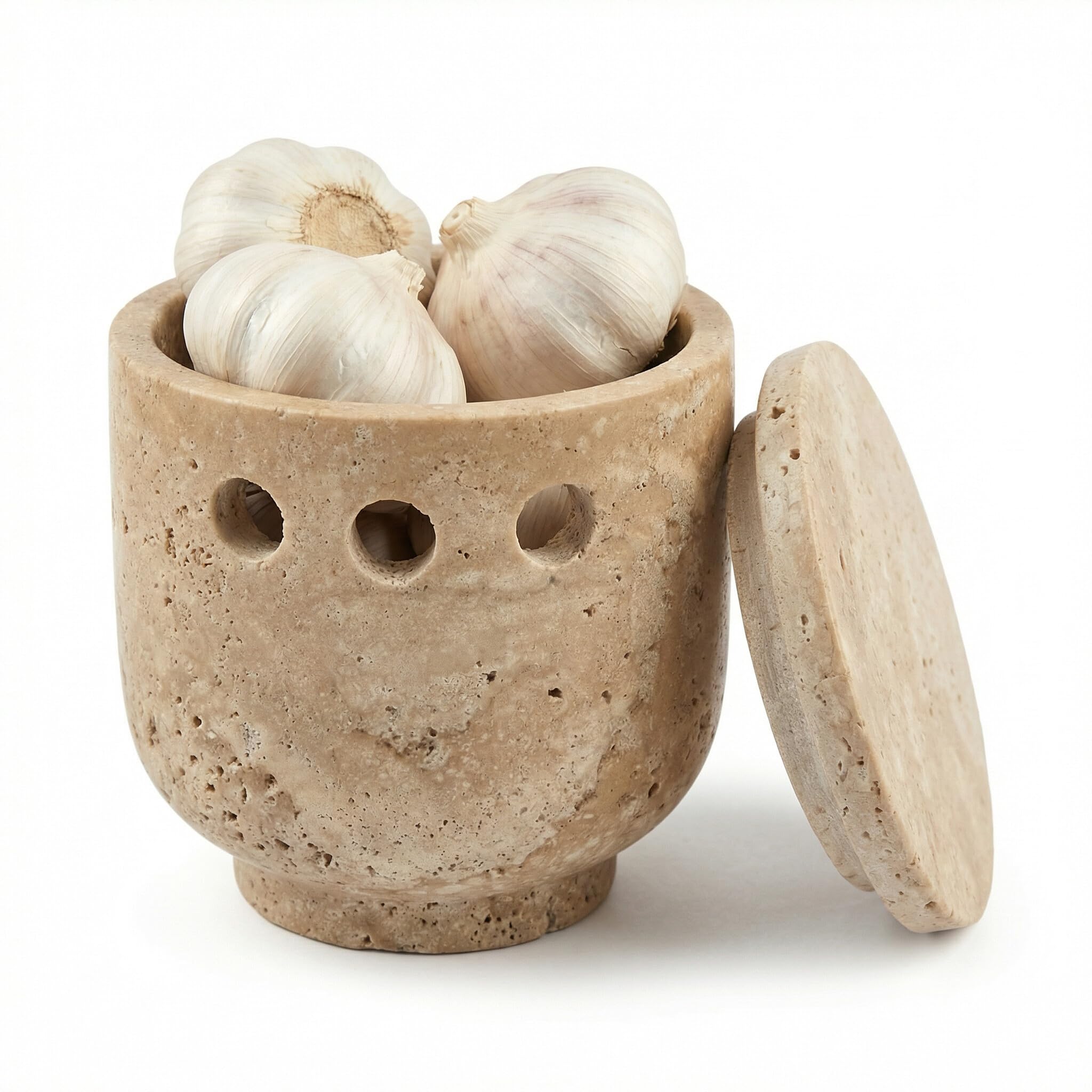 Travertine Garlic Keeper with Lid & Vent Holes for Kitchen Countertop | 4.5 Inch Handmade Natural Stone Garlic Holder, Fresh Gin