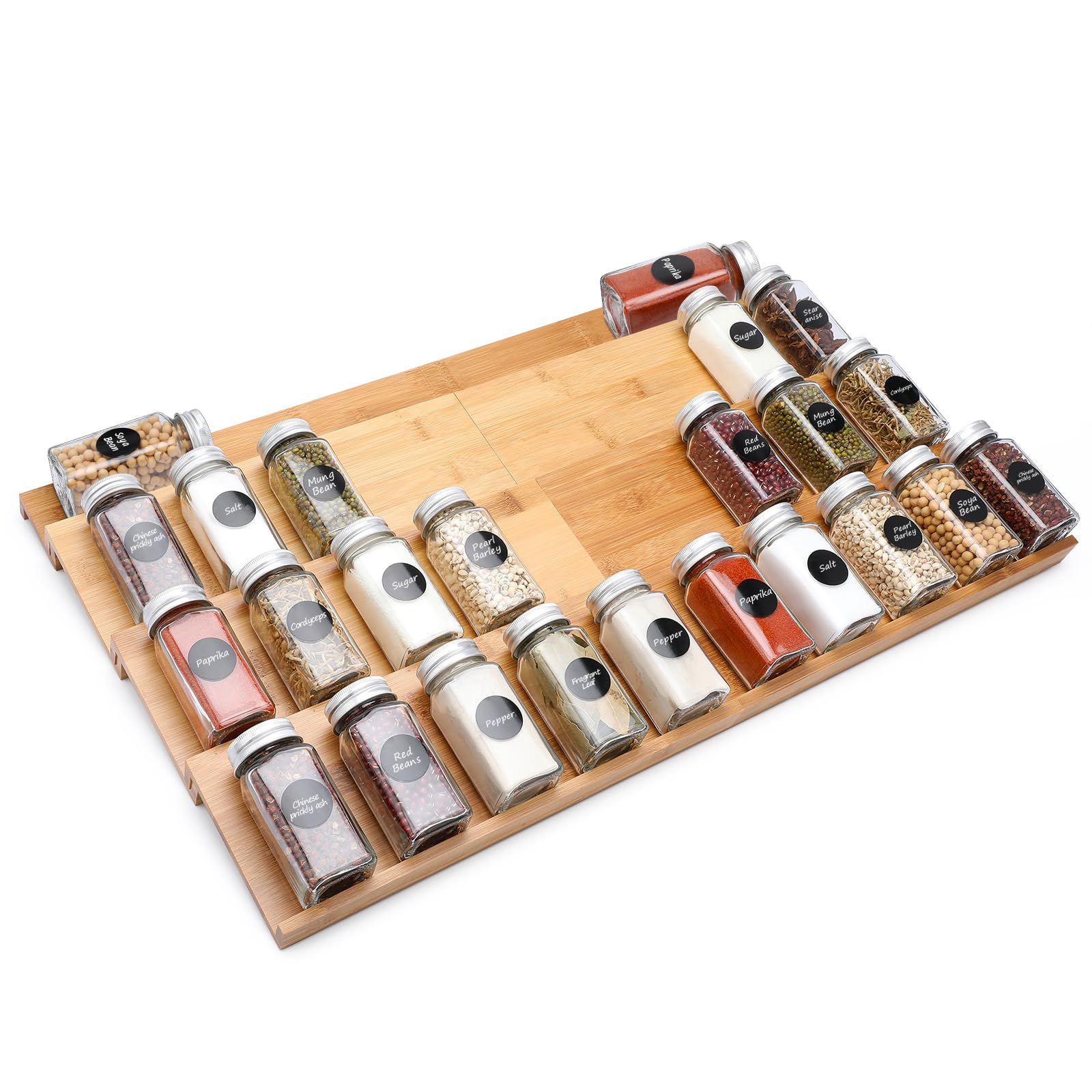 Bamboo Spice Drawer Organizer, 4 Tier In Drawer Spices Rack for Cabinet Drawer Expandable From 13'' to 26'', Stackable Seasoning
