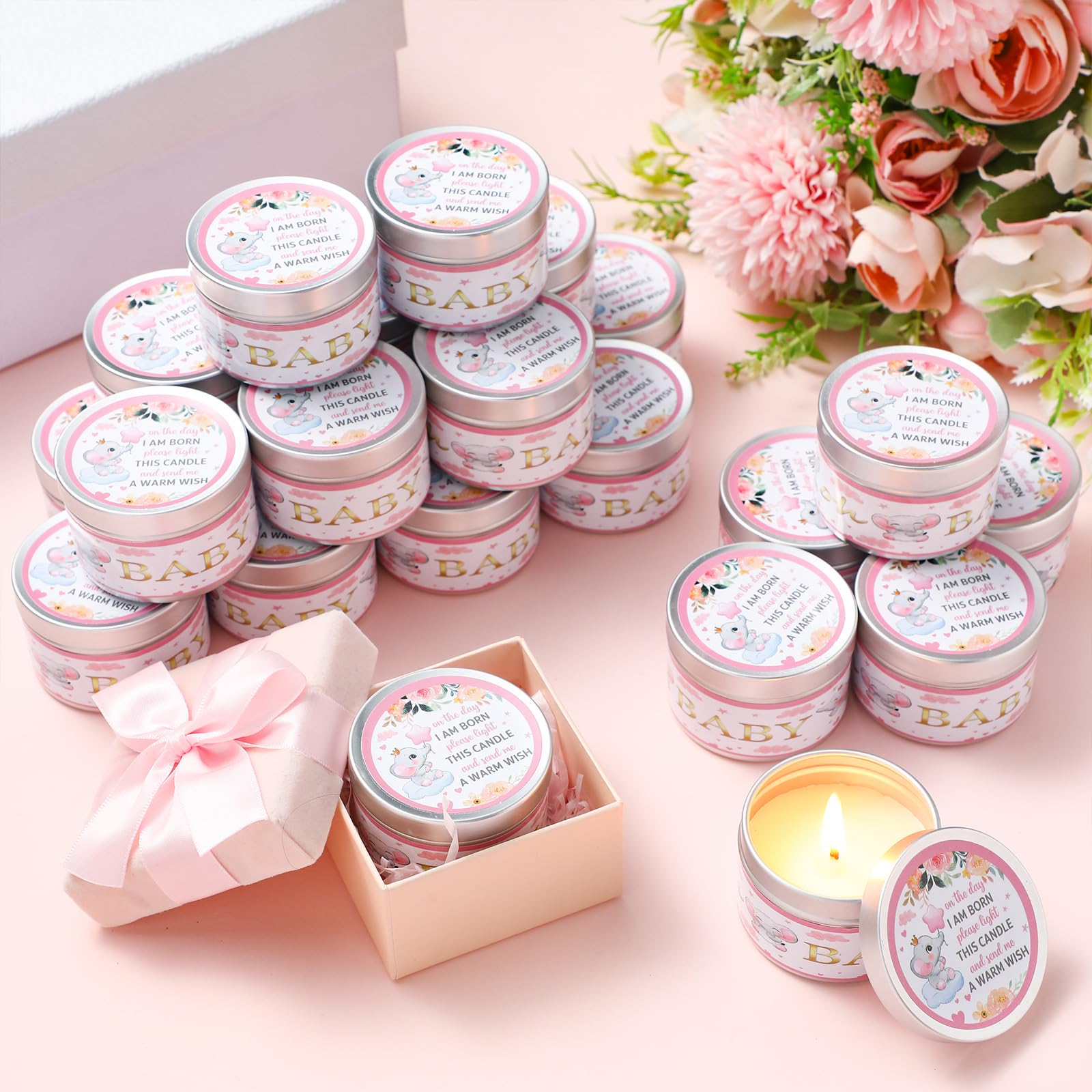 MTLEE 24 Pcs Elephant Baby Shower Party Favors Candles Lavender Scented Baby Shower Favors for Guests Rustic Tealights Candles G