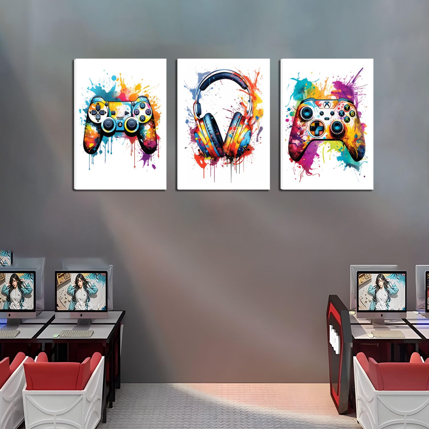 Gaming Room Decor Wall Art Set Of 3, Video Gaming Gamepad Graffiti Canvas Posters Wall Decor, Games Gamer Painting Prints For Te