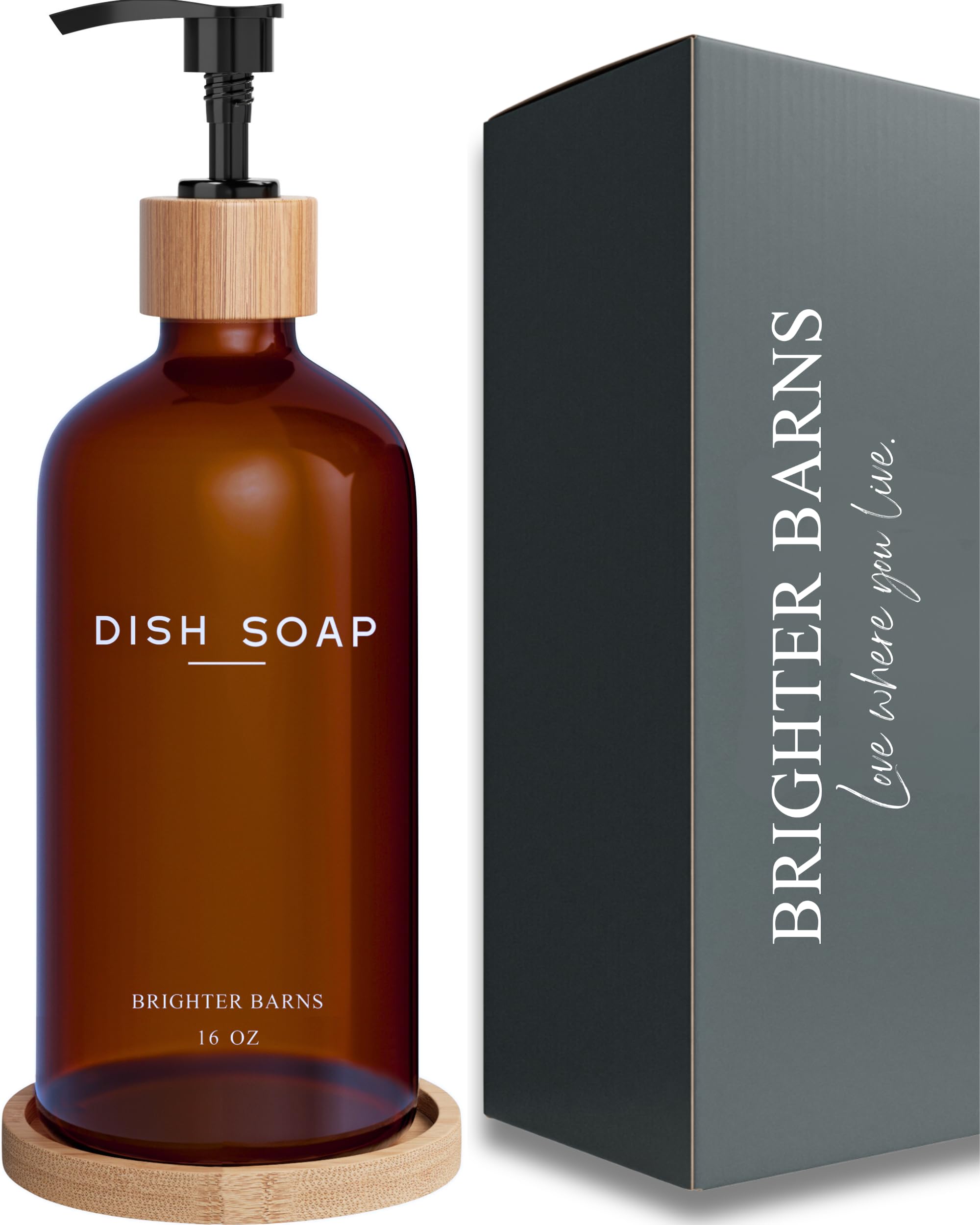 Amber Glass Dish Soap Dispenser For Kitchen Sink By Brighter Barns - Kitchen Soap Dispenser Set With Tray - Glass Soap Dispenser