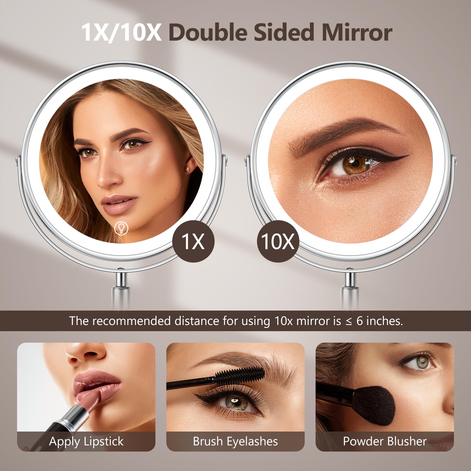 UBYMET Lighted Makeup Mirror - Rechargeable, Adjustable Height, 1x/10x Magnification, Chrome, 15"L x 8"W, Model TC-MM-M