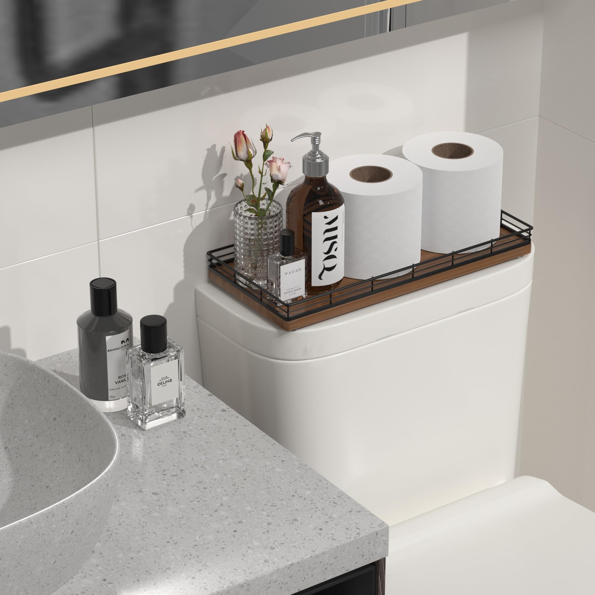 Focusonit Oak Bathroom Toilet Tank Tray, 13'' Wood Back Of Toilet Paper Storage Tank Topper Basket, Vanity Tray For Perfume Make