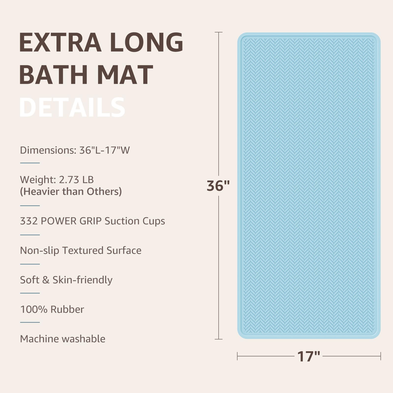 Non Slip Bathtub Mat Rubber Baby Bath Tub Shower Mat with Strong Suction Cups (Lake Blue)