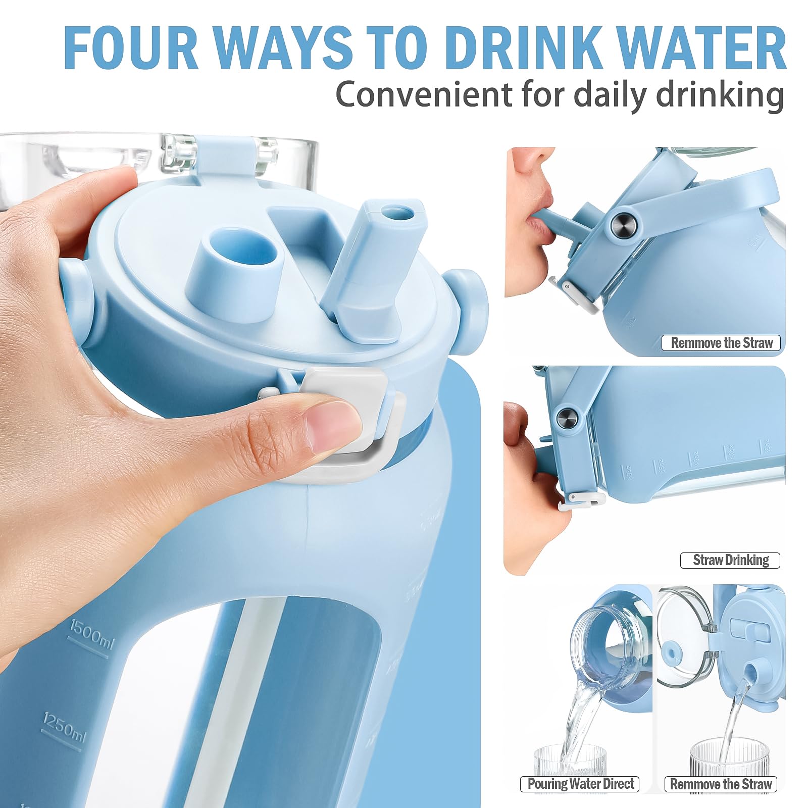 BLUEGO 64 oz Glass Water Bottles with Straw Time Marker Half Gallon Large Motivational Water Bottle with Silicone Sleeve 2 Liter Large Glass Water Jug for Gym  Sports& Workout  Light Blue