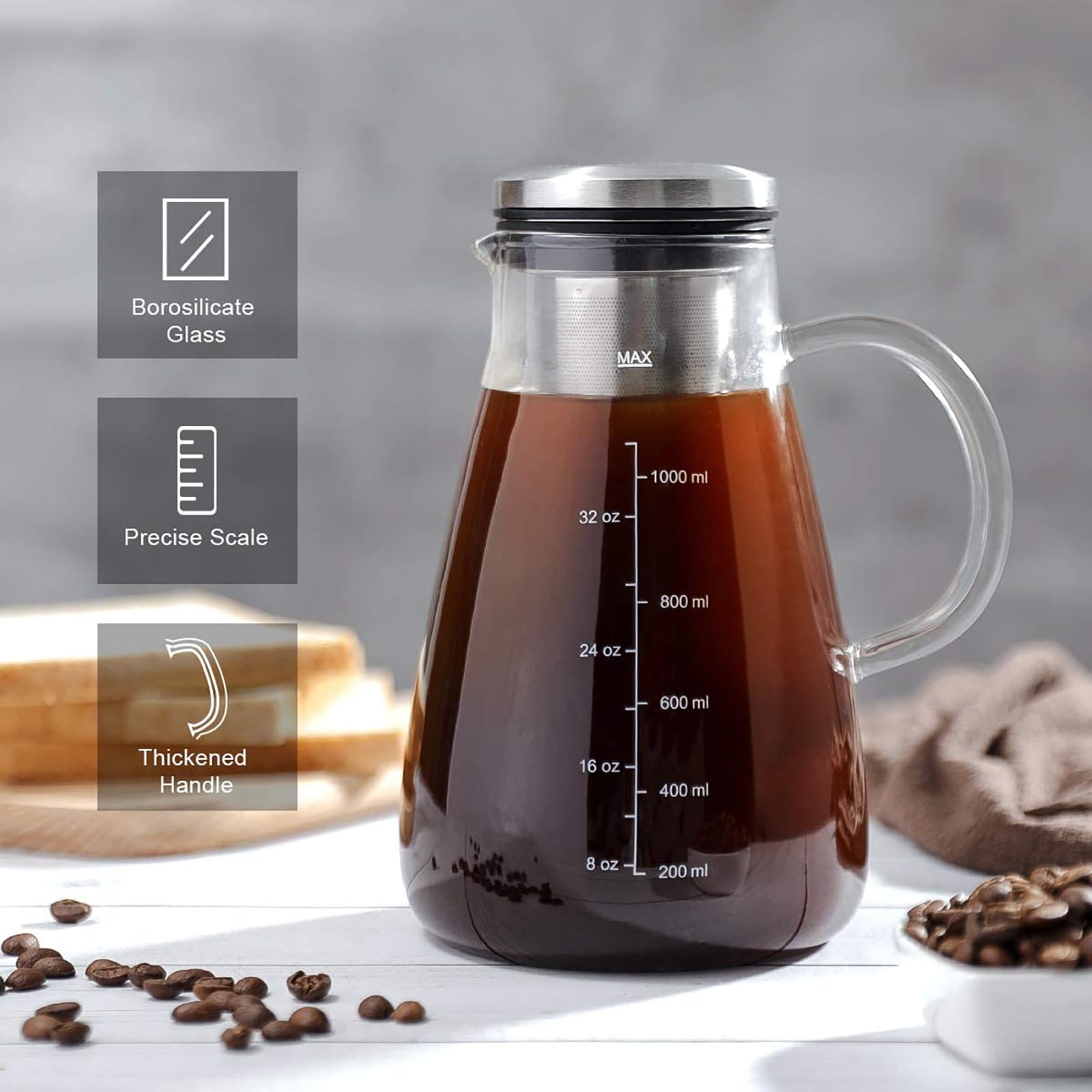 Ymmind Cold Brew Iced Coffee Maker 34Oz, Brewed Coffee Pot With Removable Double Mesh 304 Stainless Steel Filter, Bpa-Free Cold