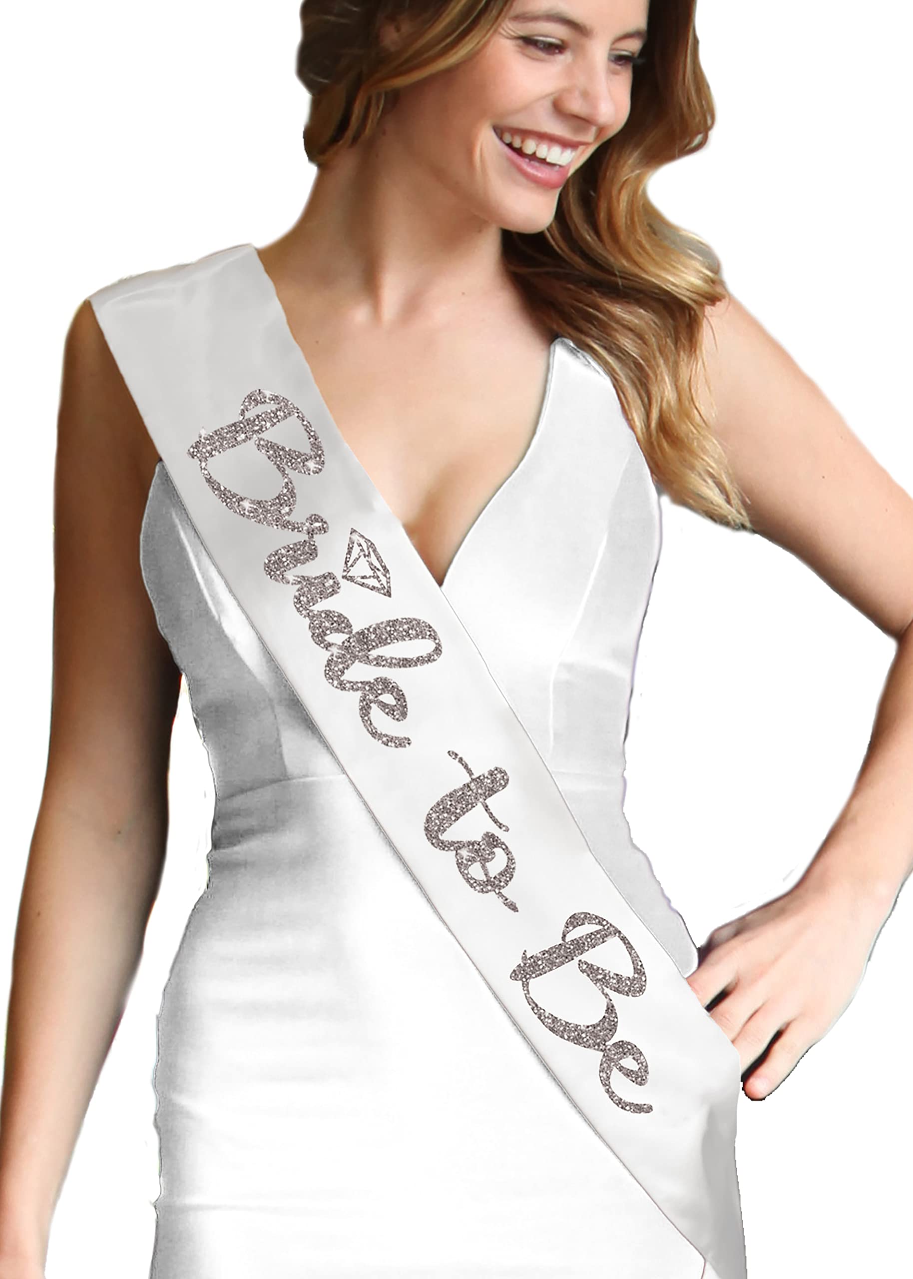 Bride To Be Sash White - Premium Bridal Grade Satin Silver Sparkle Diamond Bride To Be Bridal Grade Satin Sash - White Sash(Slvd