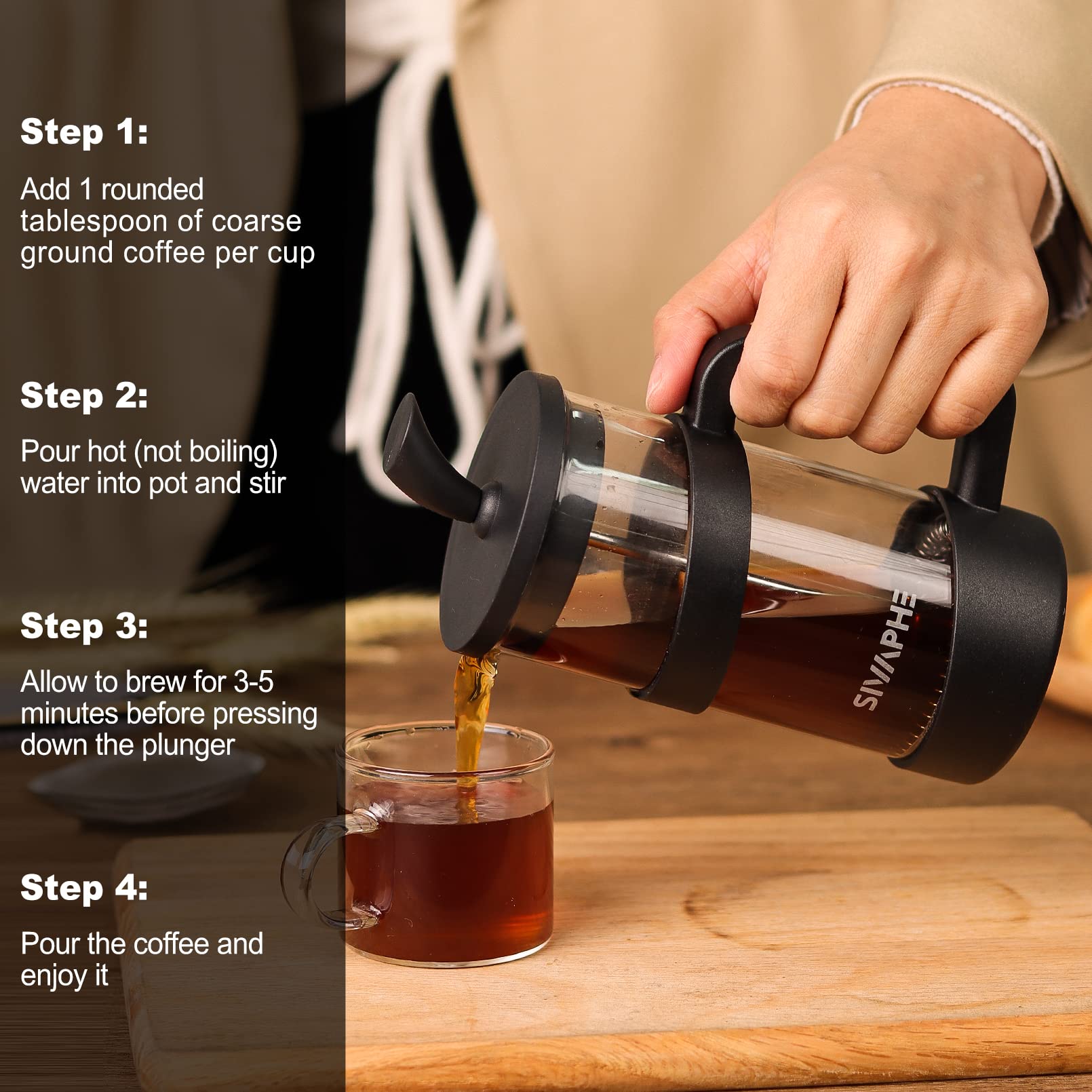 Sivaphe French Press 34Oz Light-Weight Durable High Borosilicate Carafe Maker 8 Cup Plastic Coffee Press Frothed