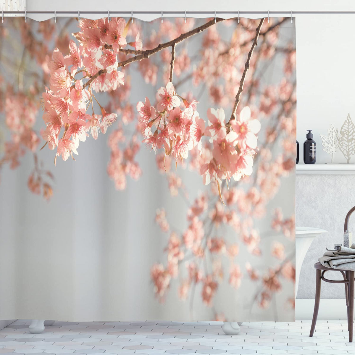Ambesonne Peach Shower Curtain, Japanese Scenery Sakura Tree Cherry Blossom Nature Photography Coming Of Spring, Cloth Fabric Ba