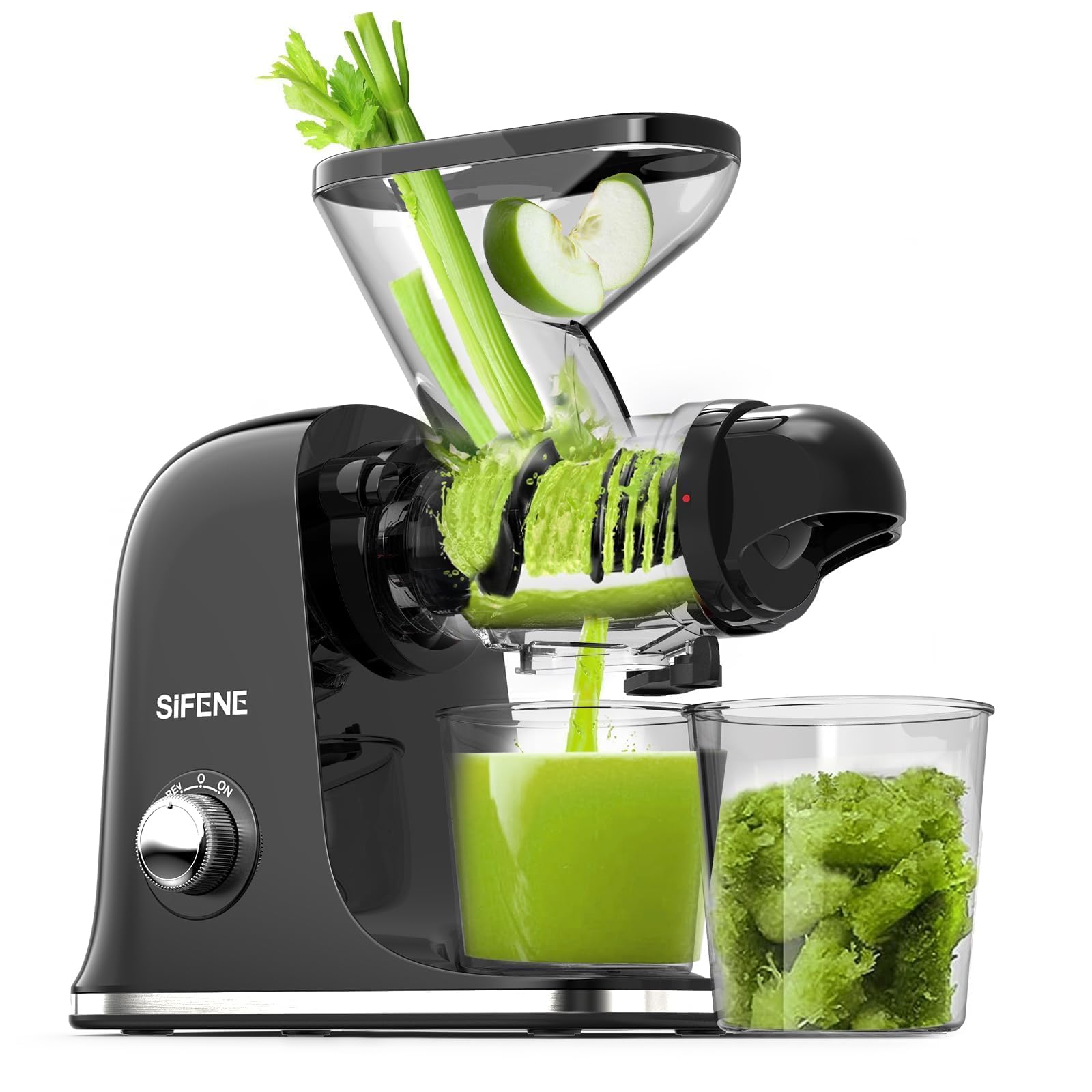 SIFENE Compact Single Auger Slow Masticating Juicer Machine, 280ml Cold Press Juice Extractor for Celery, Carrot, Ginger, Fruits