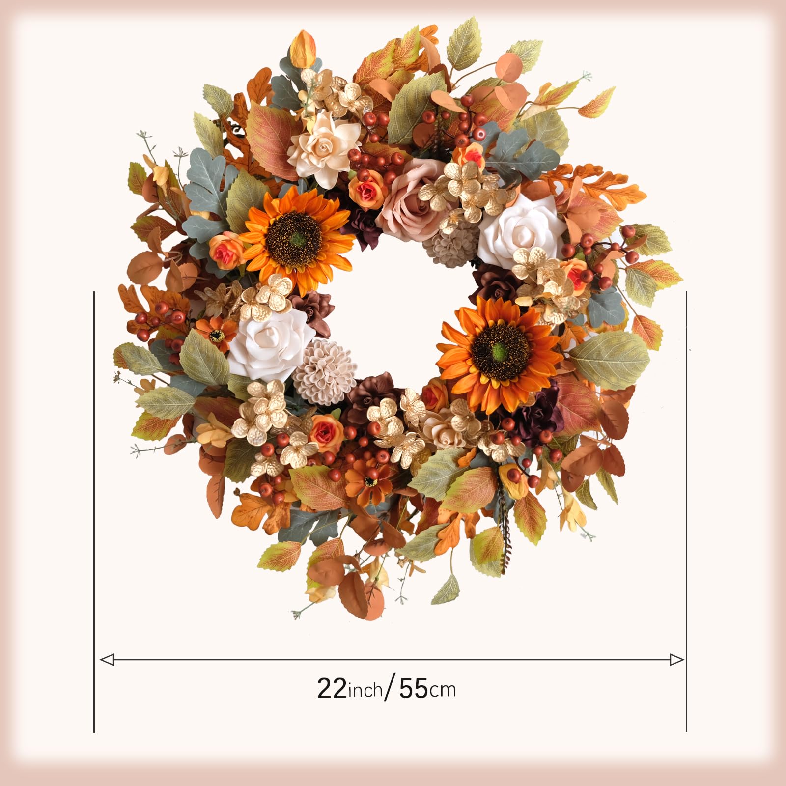 22 Inch Fall Wreaths for Front Door Artificial Flower Wreath with Sunflowers Leaves Large Autumn Farmhouse Wreath for Inside Out