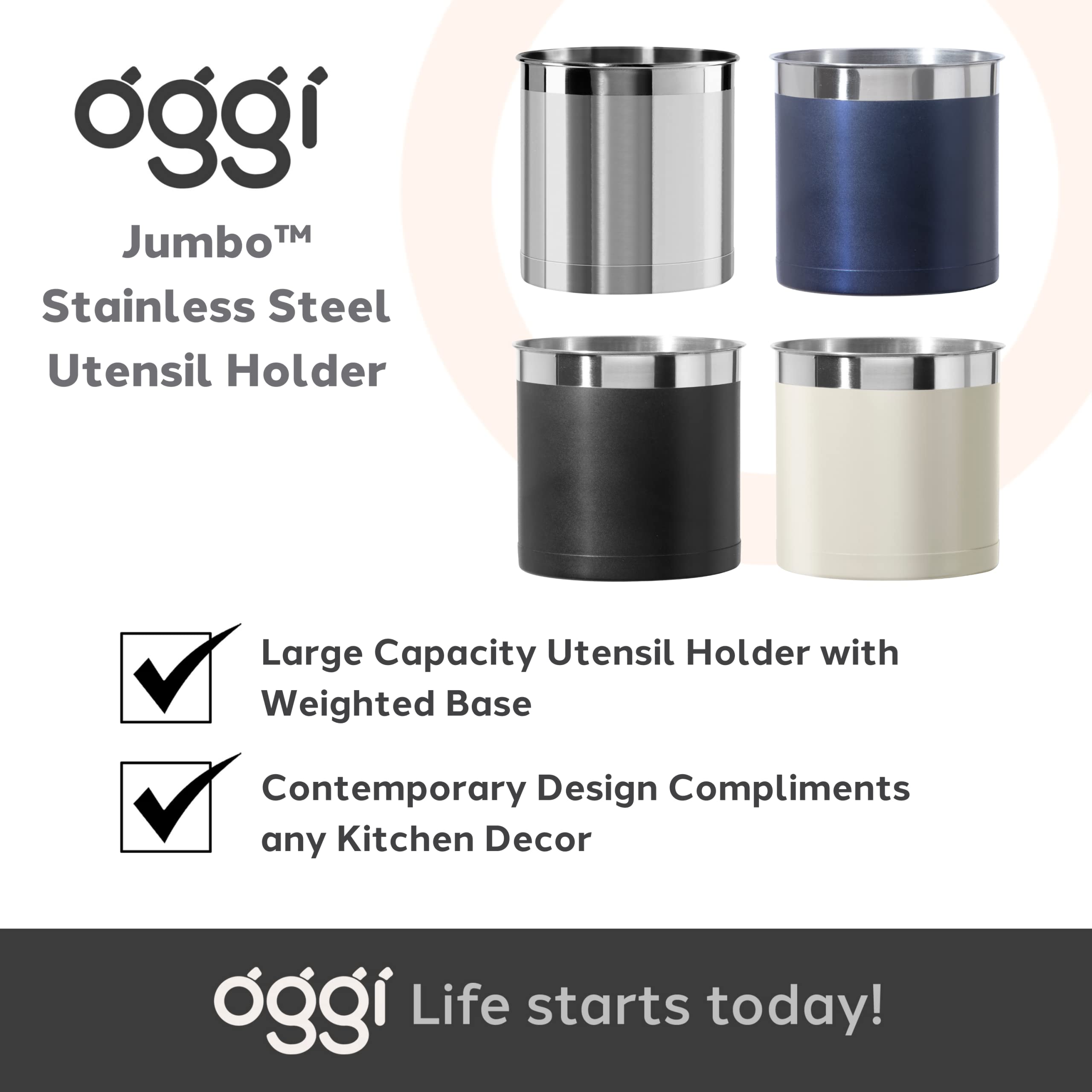 Oggi Stainless Steel Jumbo Utensil Holder - 7'' Utensil Caddy  Weighted Base for Stability - Extra Large Utensil Crock and Countertop Utensil Organizer  Olive
