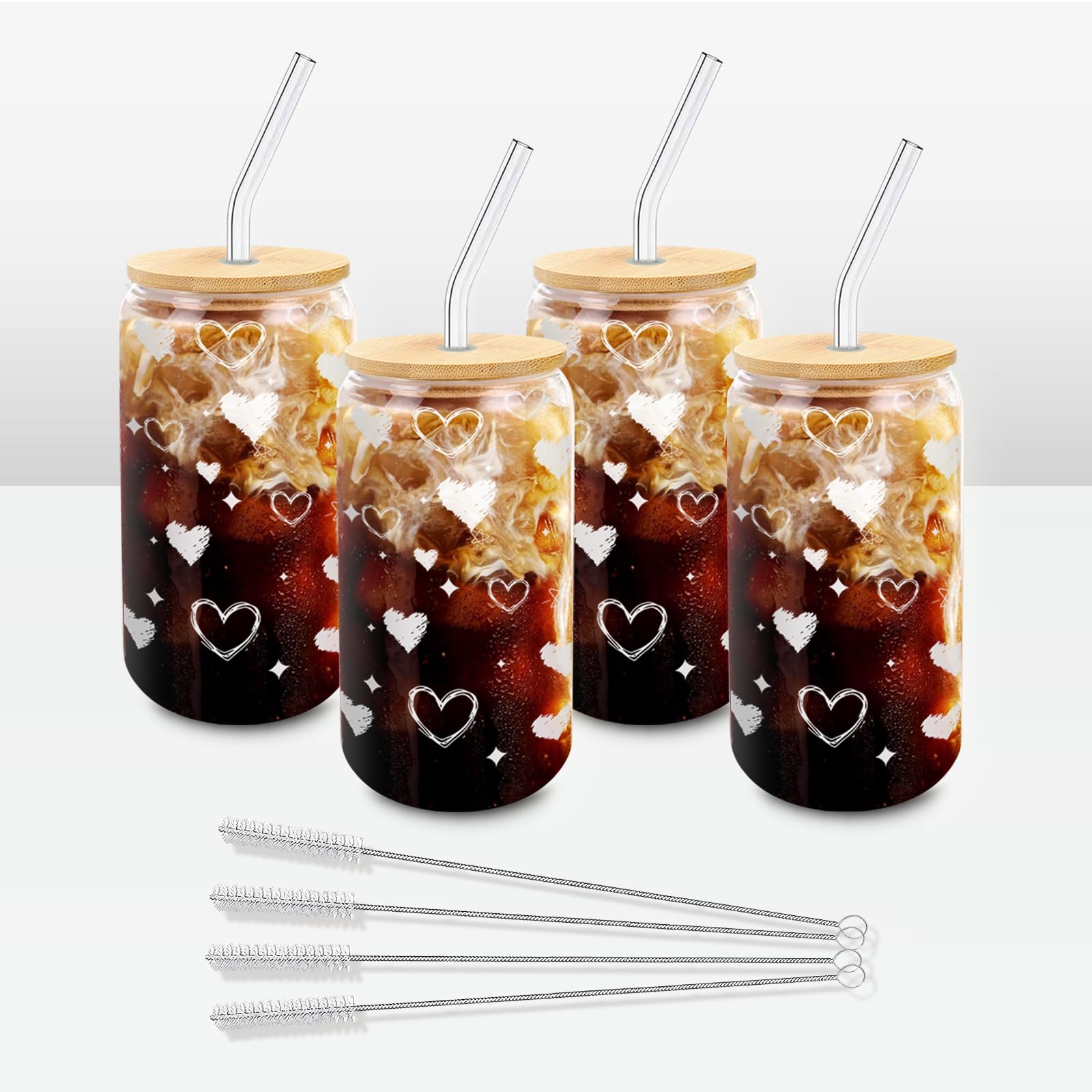 DAMCONME Glass Cups with Lids and Straws - 4 Pack 16oz Heart Tumblers for Cold Drinks, Iced Coffee, Tea, Juice - Sharing Drinkwa