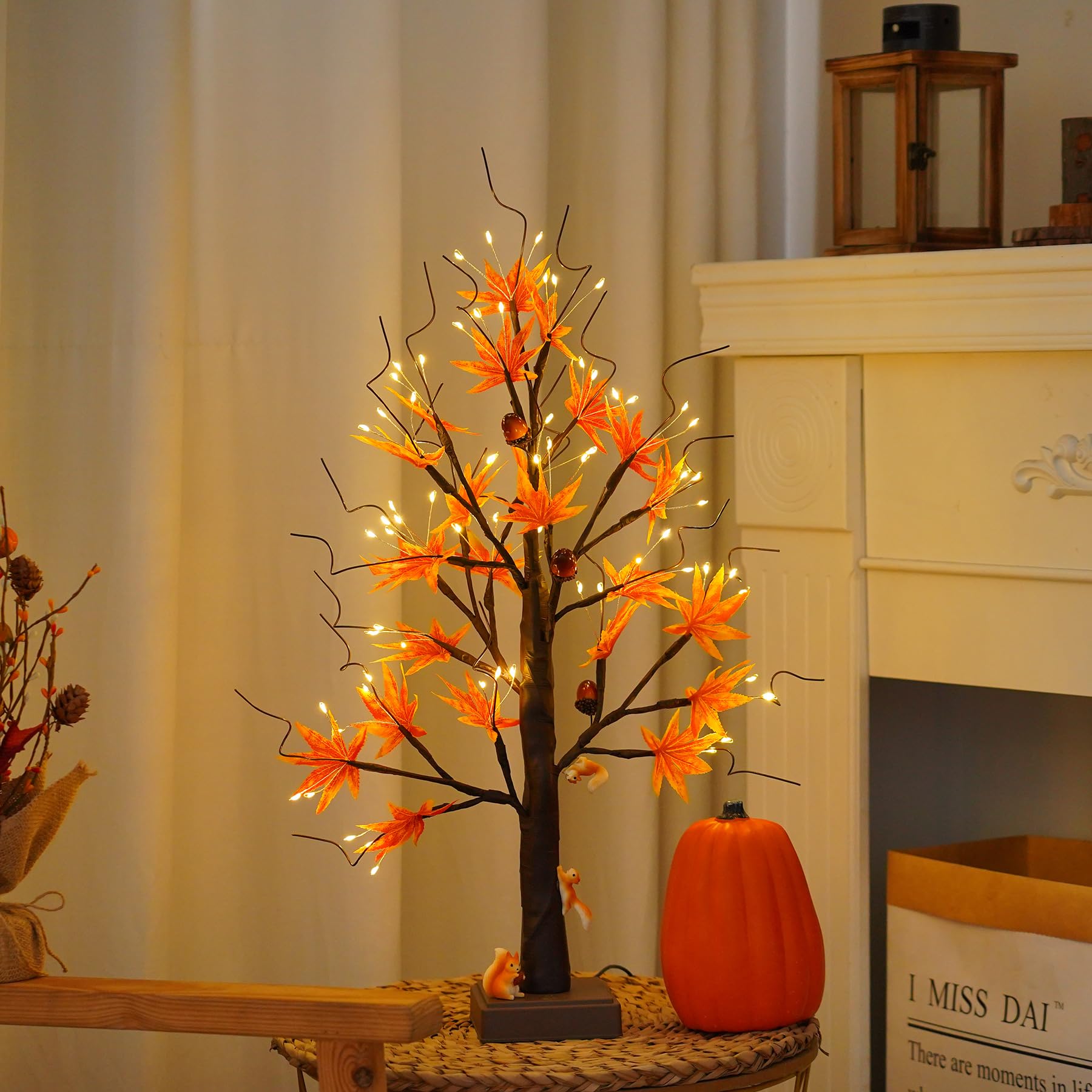 24    72 LED Fall Decorations for Home, Birch Tree Lighted Fall Maple Leaves Artificial Tree LEDs Autumn and 3 Squirrel,Acorn Or