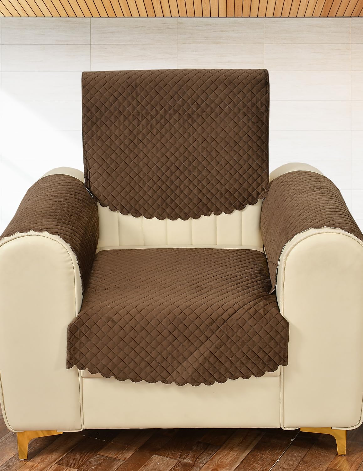 Yellow Weaves 1 Seater Self Design Quilted Sofa Chair Cover With Arm Cover, Seat & Back Cover, Color - Dark Brown