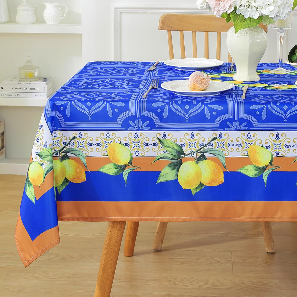 SASTYBALE Lemon Tablecloths 60 x 120 Inch Rectangle Summer Table Cloths, Spill-Proof Stain Resistant Decorative Blue Polyester F