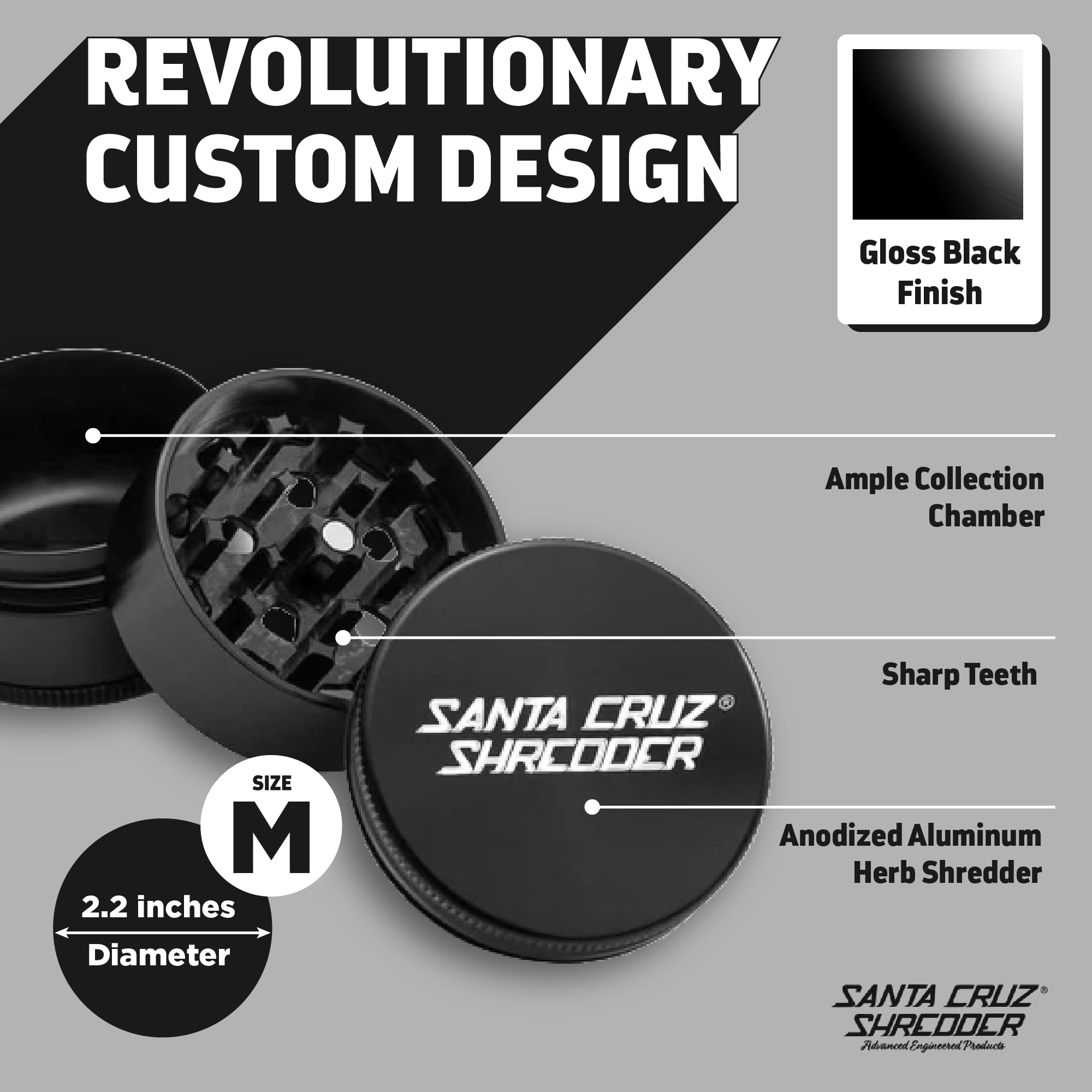 Santa Cruz Shredder Herb Grinder 3 Piece Medium 2 1/8'' Superior Grip And Aluminium (Black)