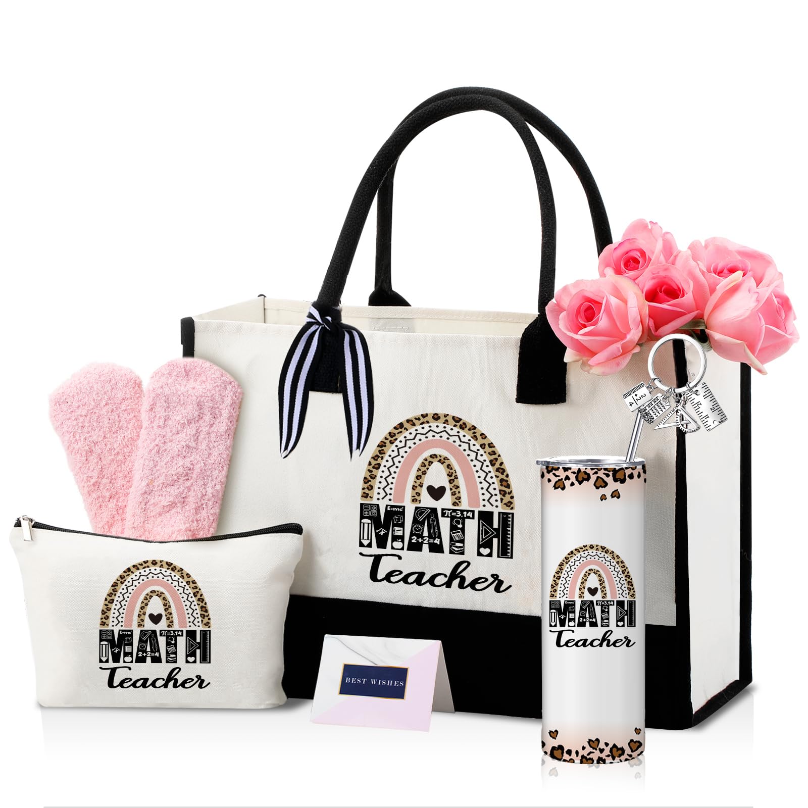 Geiserailie 8 Pcs Math Teacher Graduation Gifts for Women Including Large Tote Bag Cosmetic Bags Tumbler Cup Plush Socks Metal K