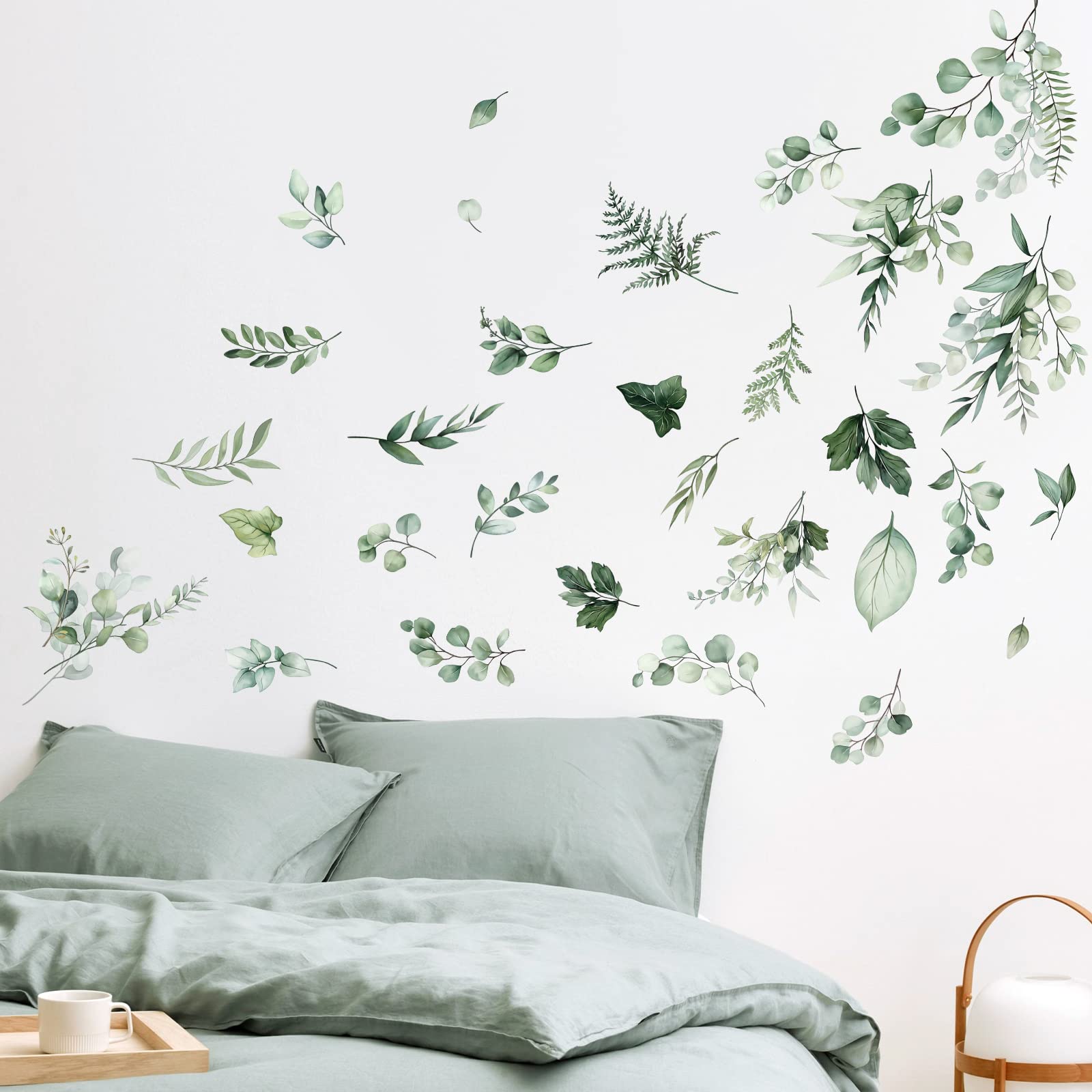 Decalmile Botanical Green Leaves Wall Stickers Eucalyptus Leaf Plants Wall Art Decals Bedroom Living Room Tv Background Wall Dec