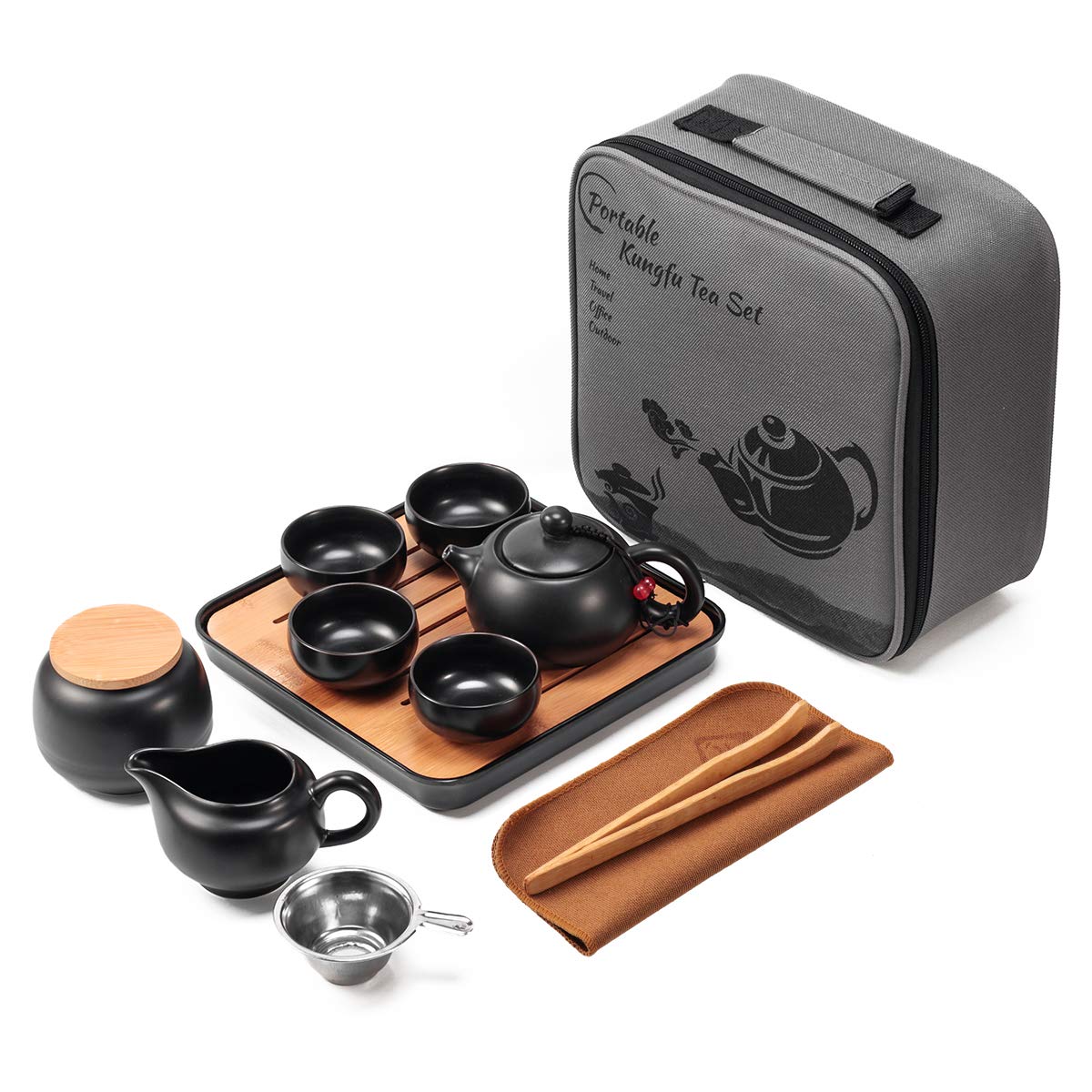 Lyty Chinese Tea Pot Cup Set With Tray Infuser - Travel Ceramic Tea Set Porcelain Teapot, Portable All In One Bag For Outdoor Pi