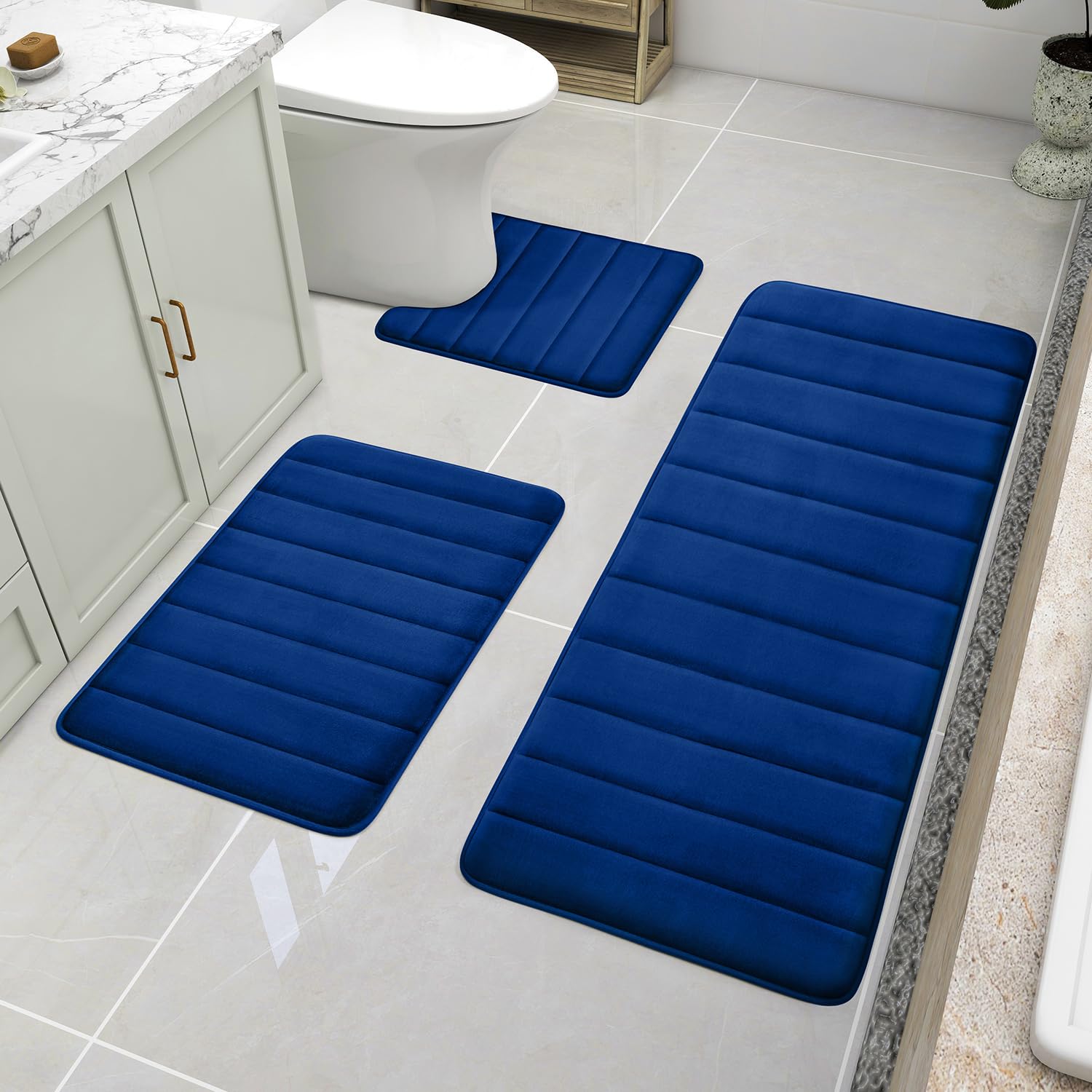 Bysure Navy Blue Memory Foam Bathroom Rug Set 3 Piece, Non Slip Extra Soft Absorbent Bath Mats, Machine Washable & Dry Toilet Ma