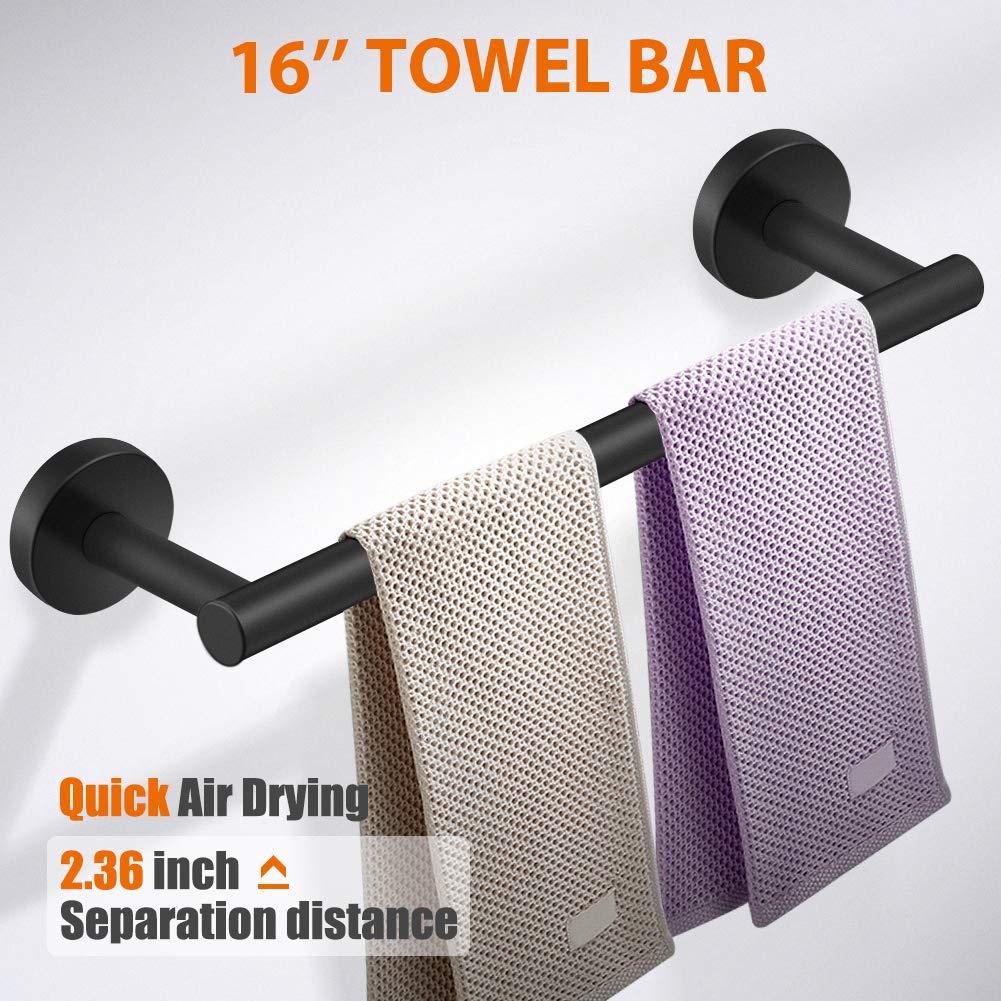 Tudoccy 5-Pieces Matte Black Bathroom Hardware Set SUS304 Stainless Steel Round Wall Mounted - Includes 16'' Hand Towel Bar  Toilet Paper Holder  3 Robe Towel Hooks Bathroom Accessories Kit