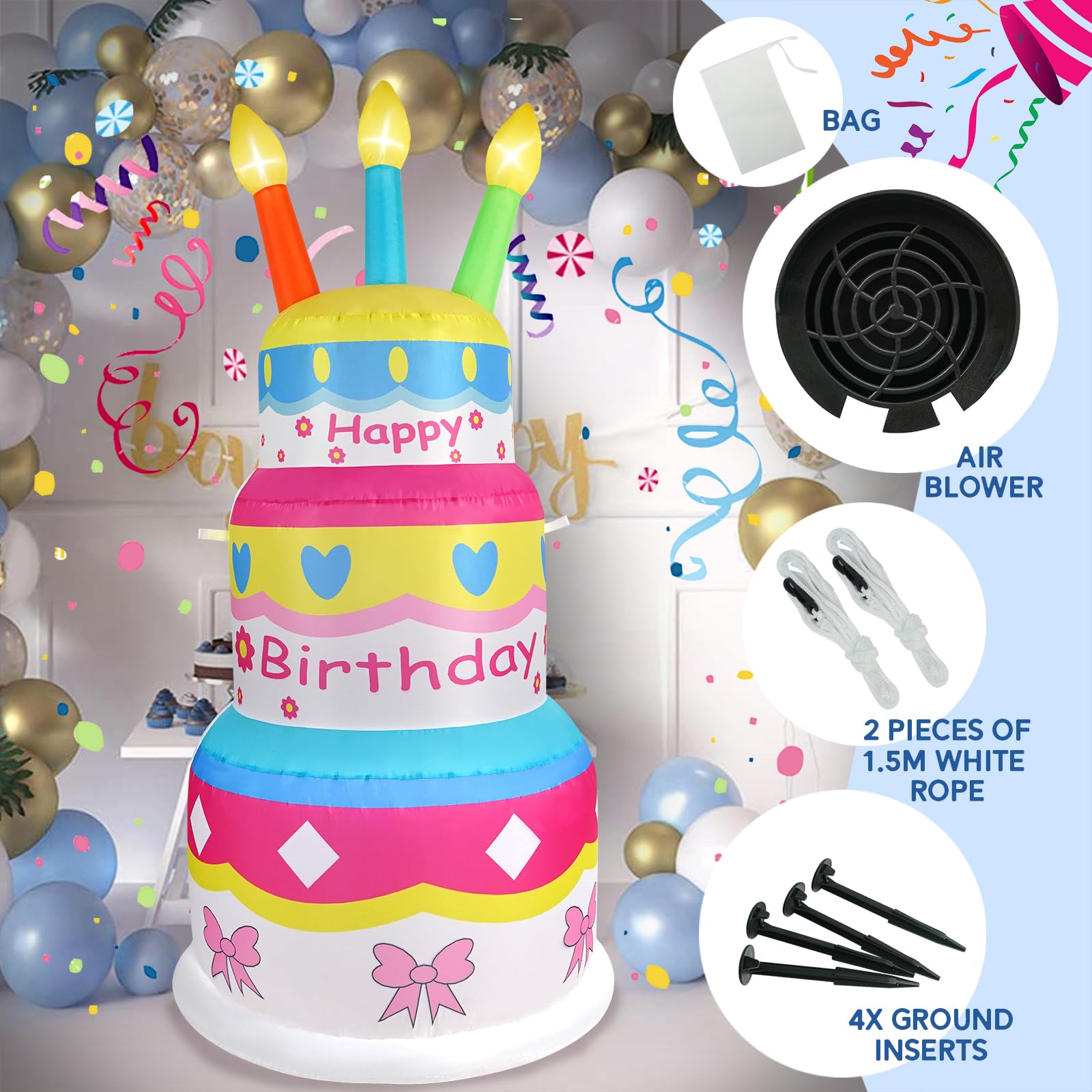 InfleasJoiy 6ft Inflatable Happy Birthday Cake with Candles, Built-in LED Lights, Inflatable Decoration for Indoor and Outdoor Y