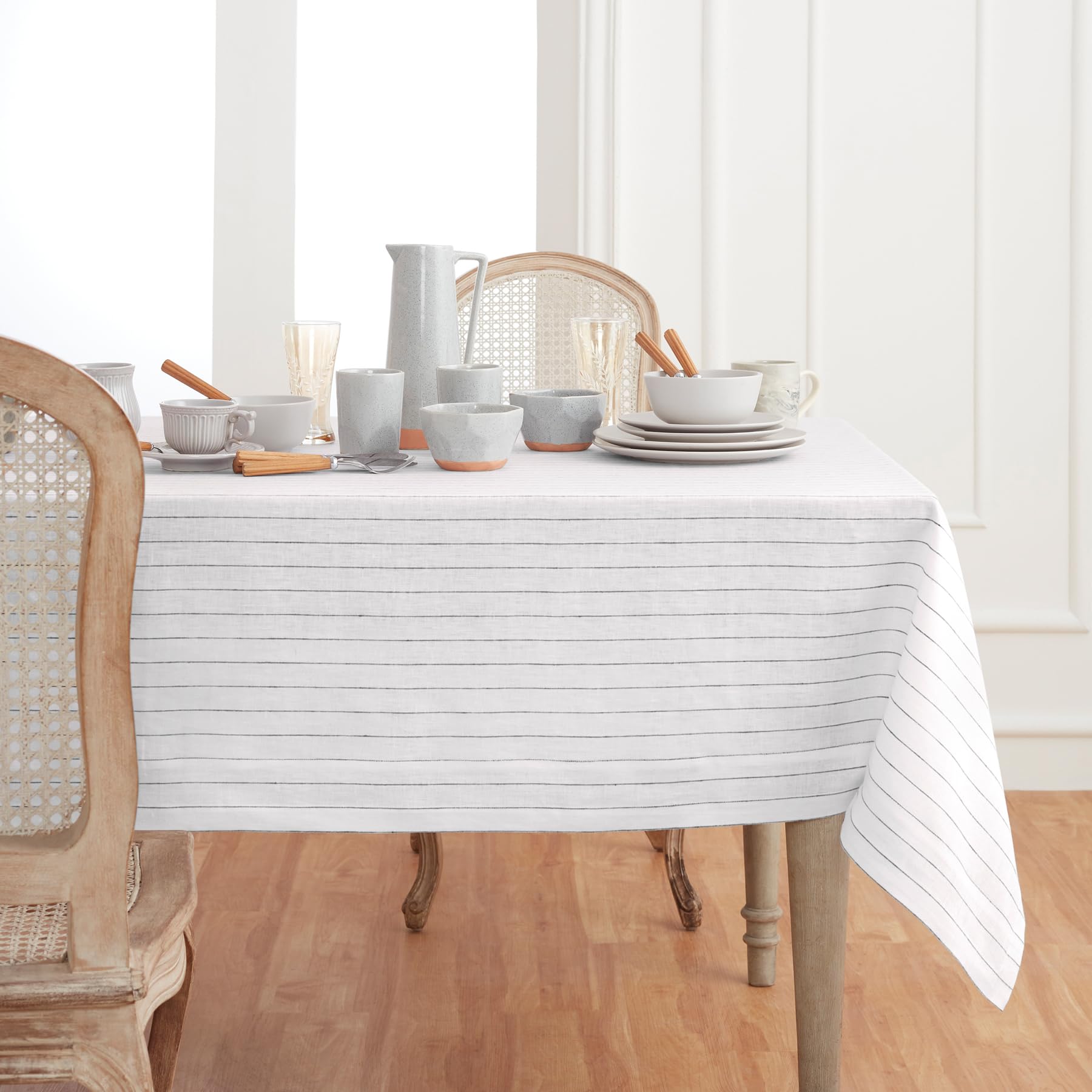 Solino Home Pinstripe Linen Tablecloth 90'' L X 60'' W Inch - 100% Pure Linen White And Black Tablecloth For Spring, Easter - Ha