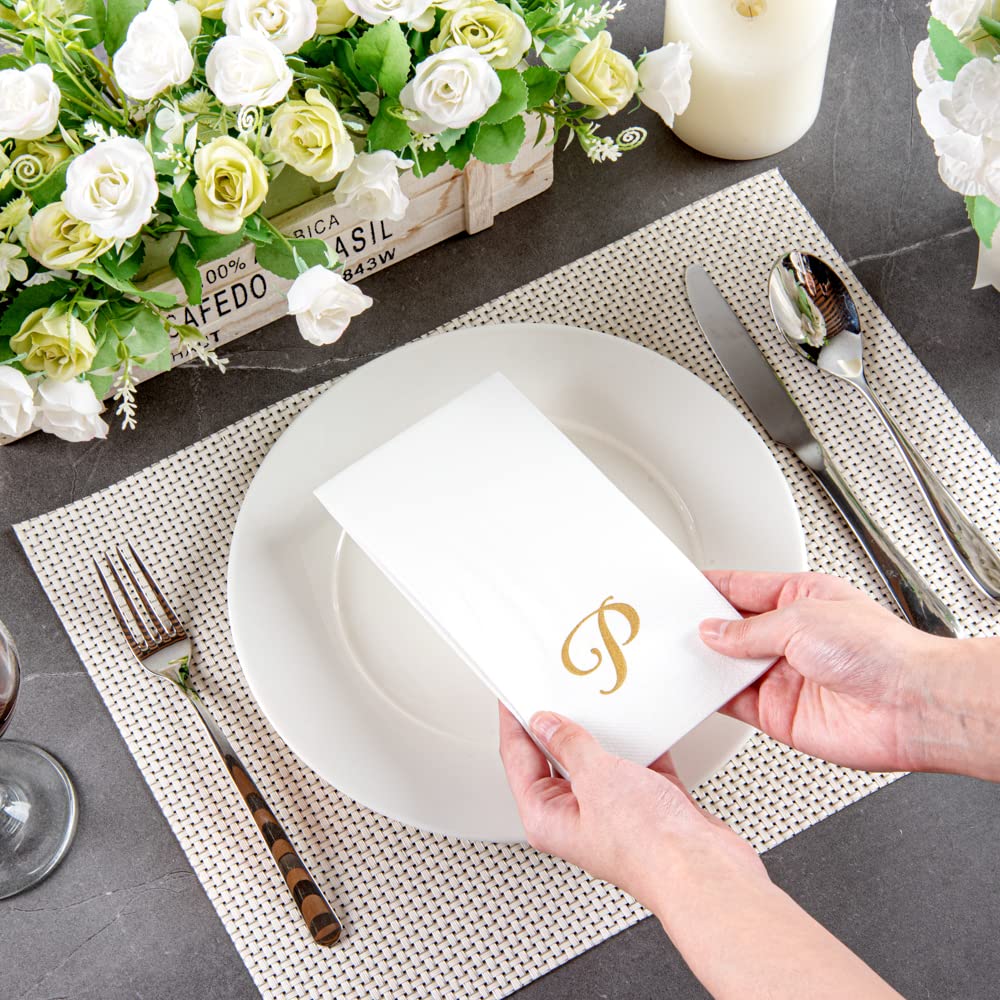 Luxenap 15.8 X 7.9 Inch Linen-Feel Guest Towels, 50 Lettered Hand Towels - Gold Letter 'P', Cursive Font, White Paper Dinner Nap