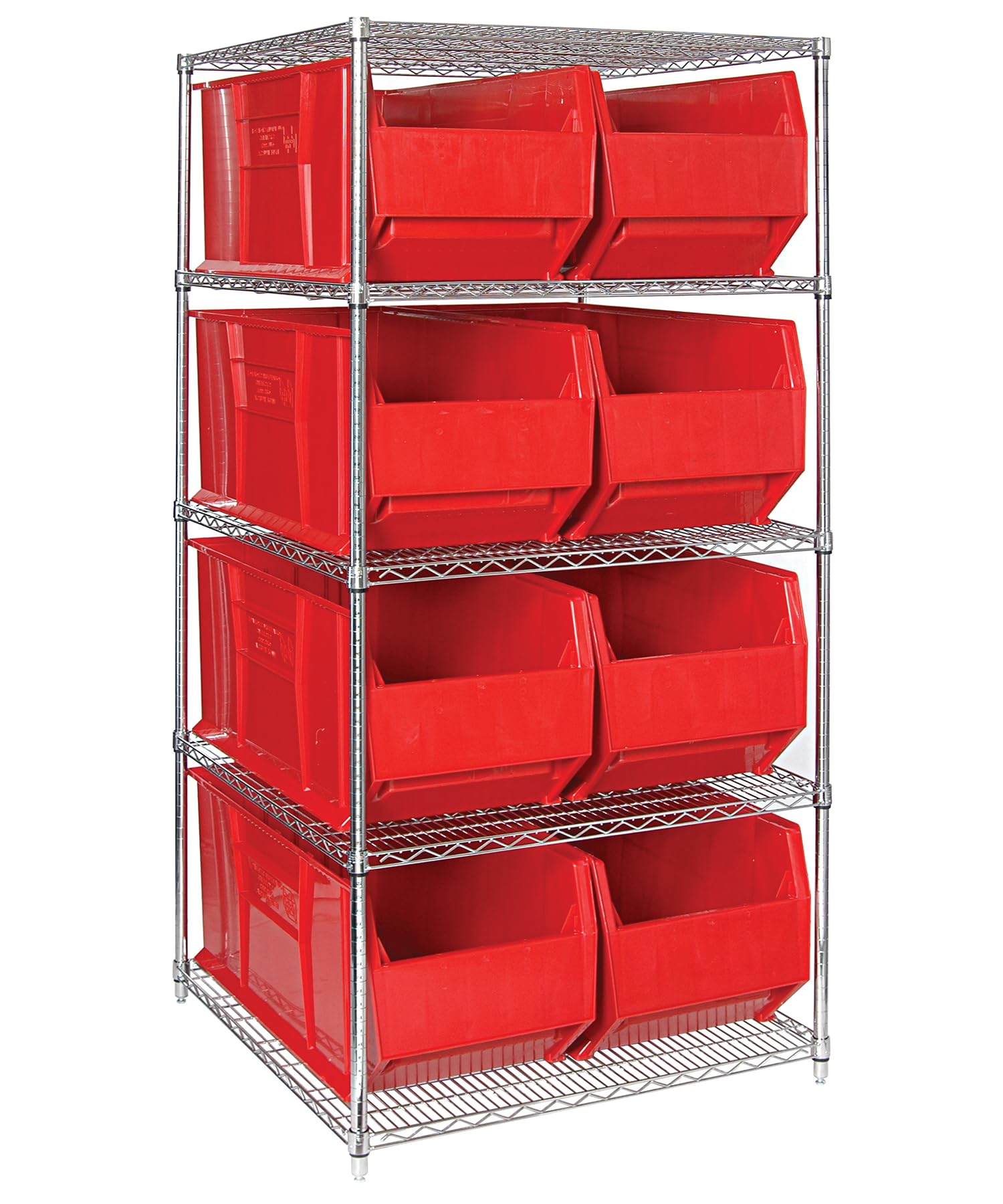 Bin Wire Shelving System, 48W X 36D X 74H, 800 Lbs Load Capacity Per Shelf, Includes: (5) Shelves And (8) Qus997 Red Bins, Chrom