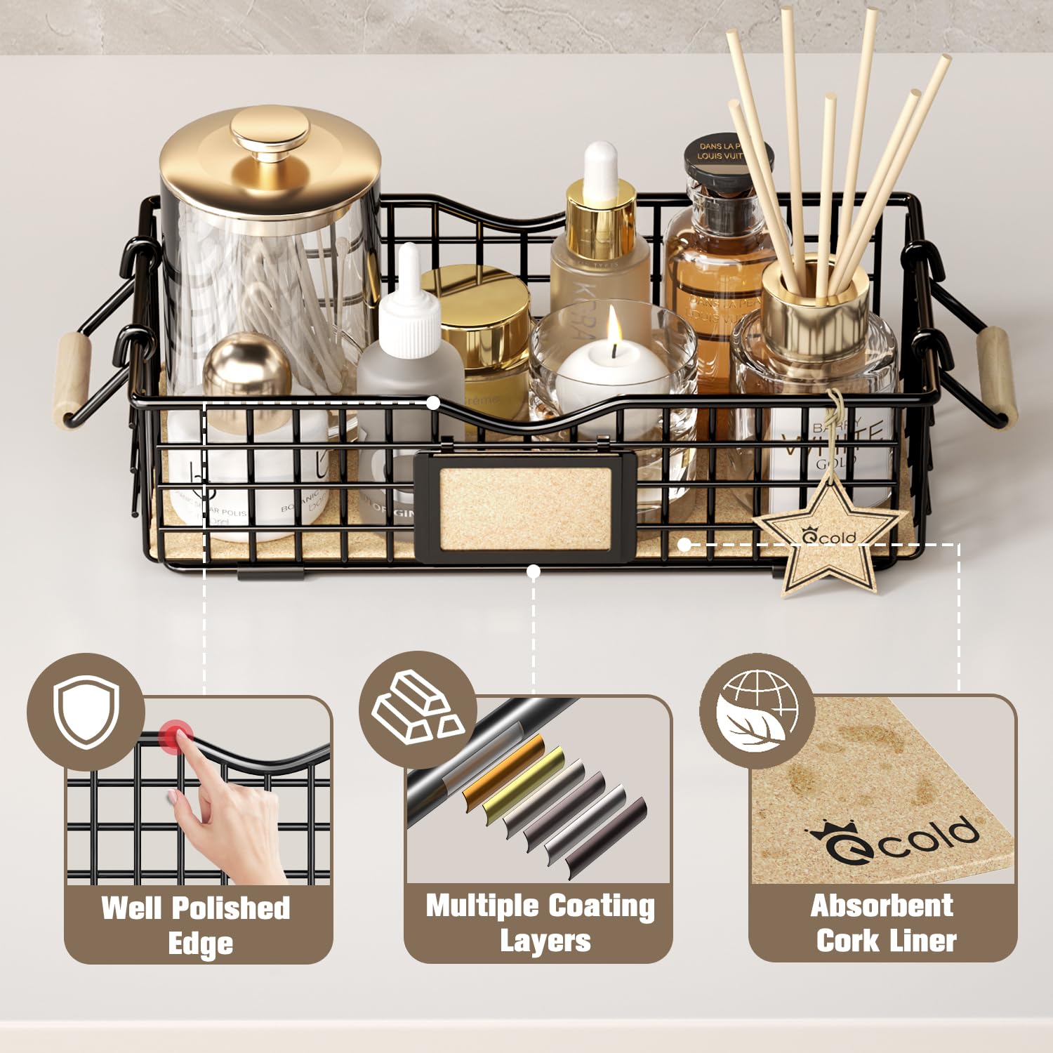 Qcold Metal Wire Basket Storage  Bathroom Basket for Organizing  Bathroom Counter Organizer with Wooden Handles  Farmhouse Bathroom Decor Tray  Toilet Paper Basket Storage (Small  Black)