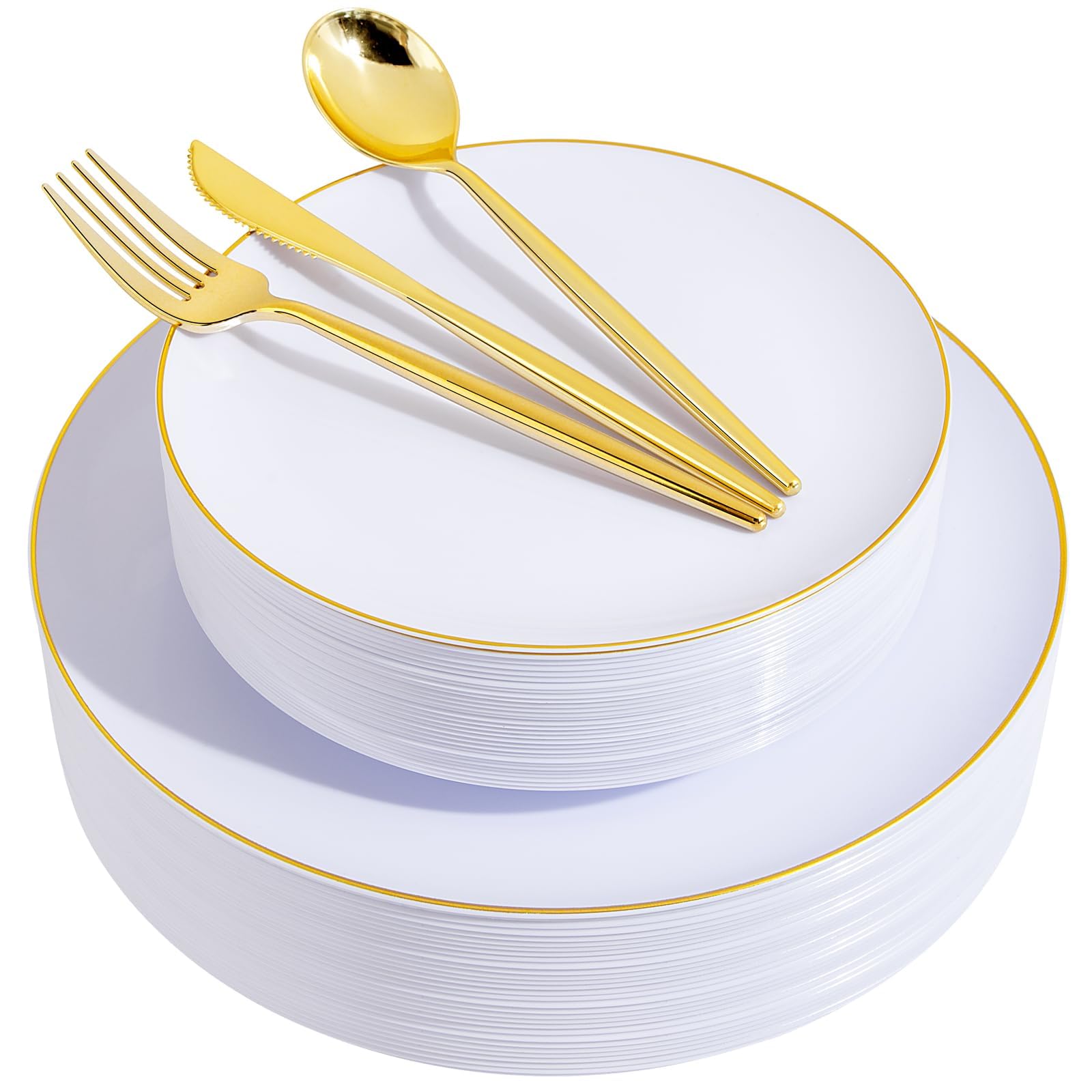 I00000 30 Guests Gold Plastic Plates With Disposable Silverware,Gold Disposable Dinnerware Set Include 30 Dinner Plates,30 Desse