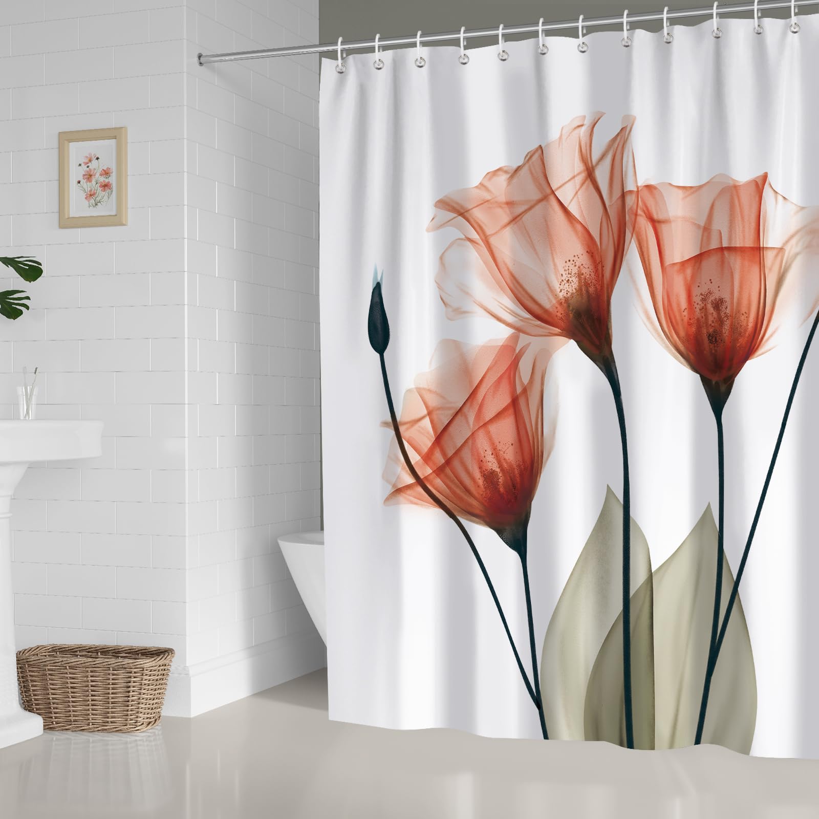 Zchomi Orange Floral Shower Curtain Watercolor Tulip Flower Shower Curtain For Bathroom Waterproof Polyester Fabric Bathroom Cur